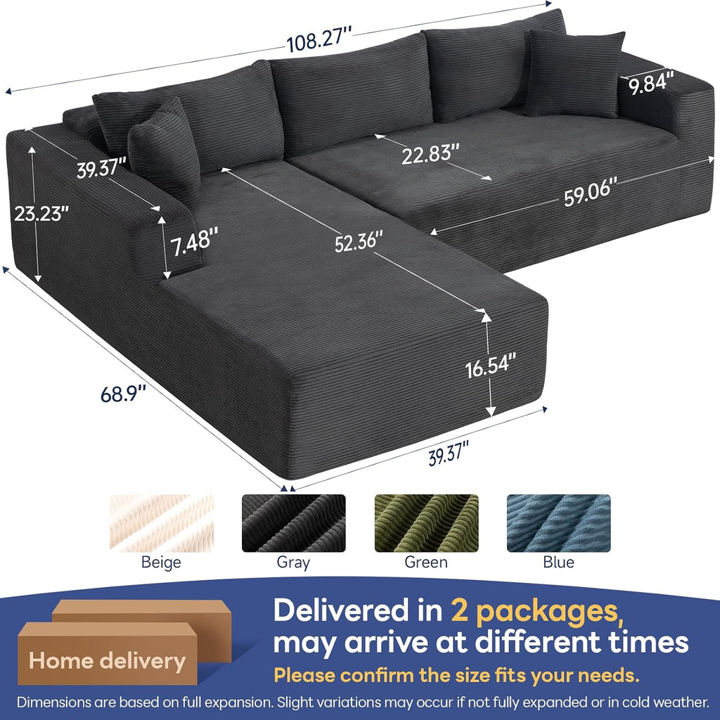 2025 New 108' Cloud Couch Sectional, Comfy Boneless Modular Sectional Sofa with L-Shaped Chaise, Deep Seat Sectional Modular Couch for Living Room, No Assembly Required (Gray, Left Facing Chaise)
