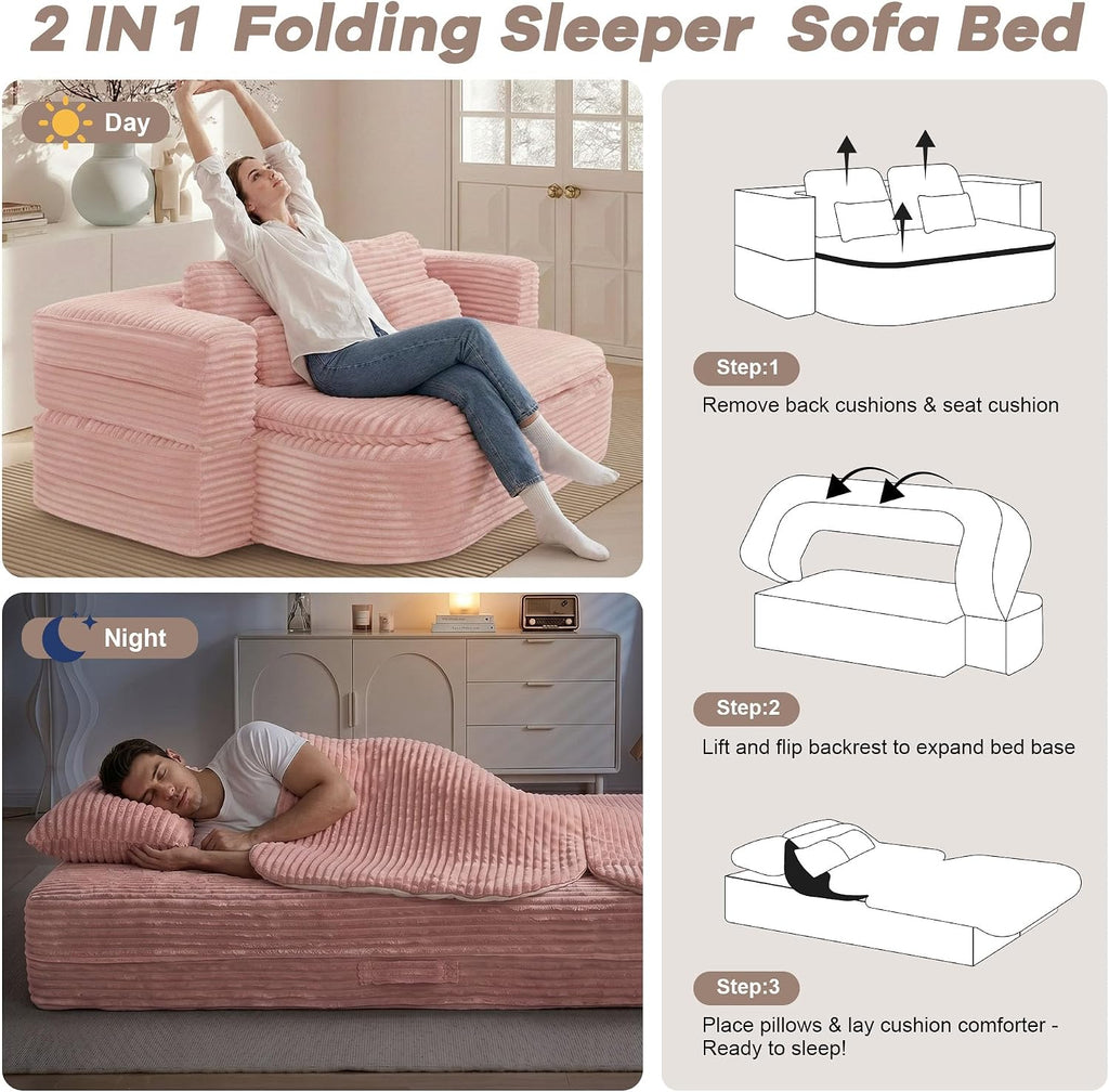 75'' Folding Sleeper Sofa Bed, Convertible Memory Foam Boneless Couch, Foldable Full Size Guest Bed, Modern 2-in-1 Futon Floor Sleeper Sofa with 4 Pillows and Blanket (Corduroy, Pink)