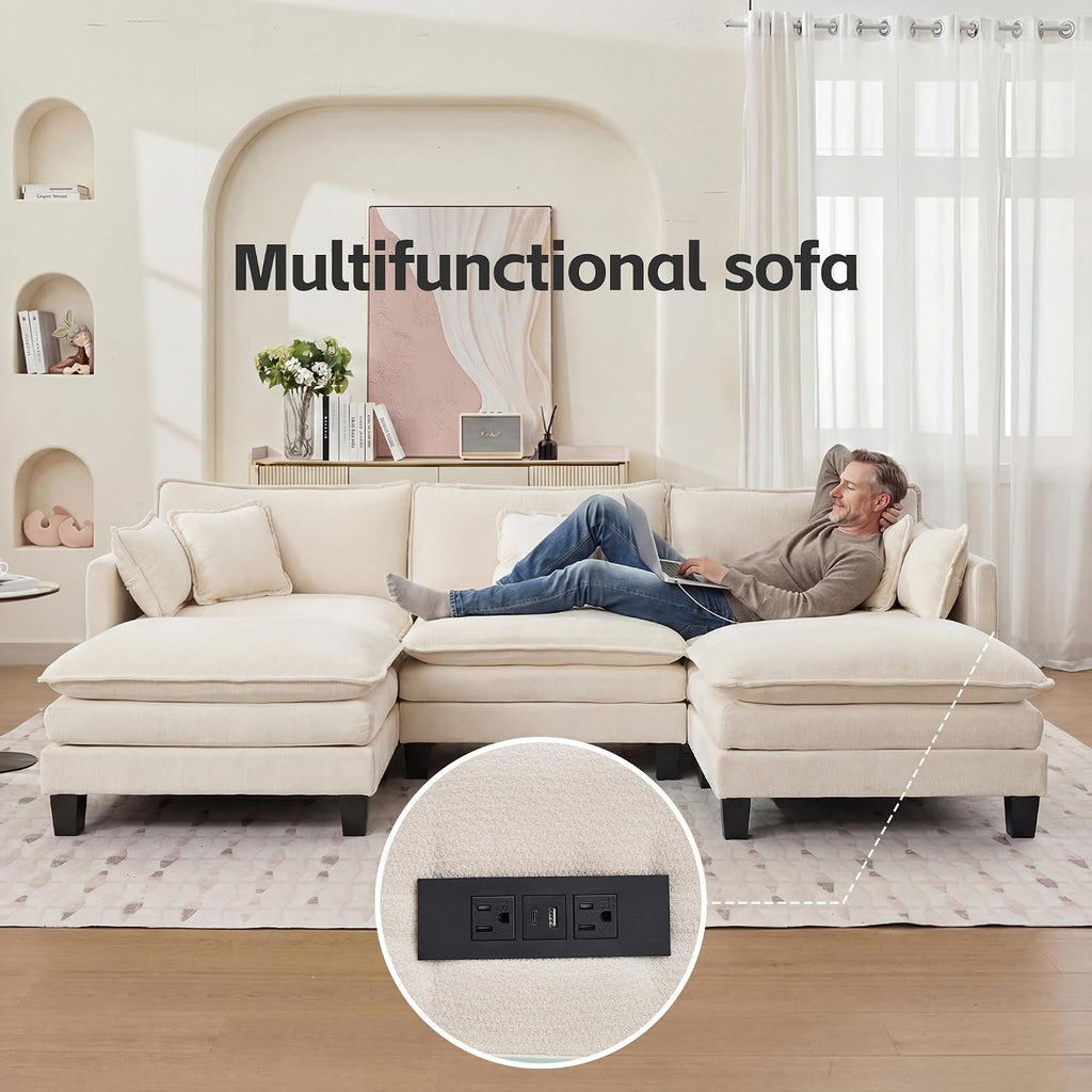 Opiesit Modular Sectional Sofa with Movable Ottoman, 110' 5-Seat Modern Couches for Living Room, Comfy U Shaped Couch Set with Deep Seat for Office and Apartment, Beige Chenille Fabric