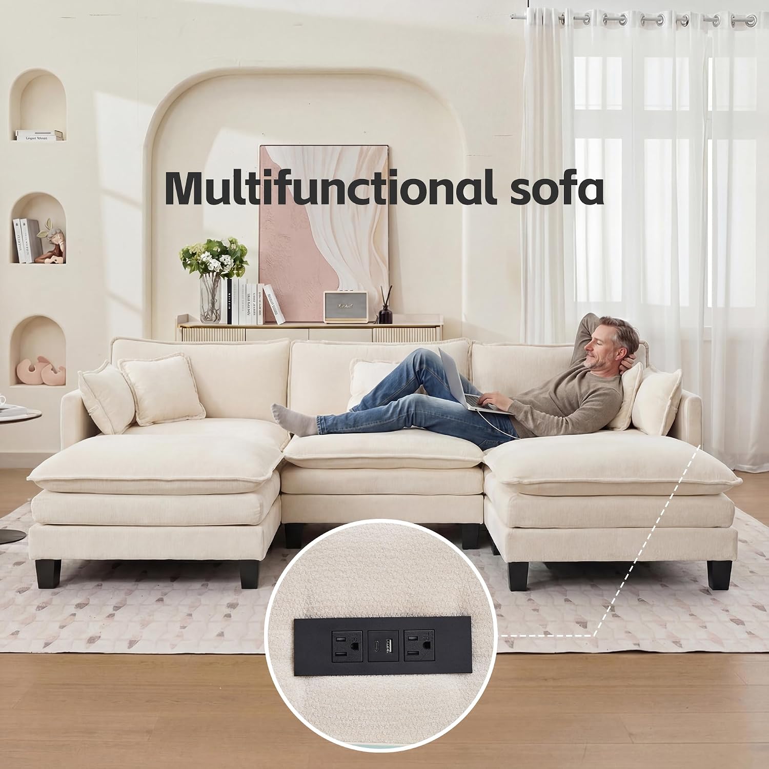 Opiesit Modular Sectional Sofa with Movable Ottoman, 110' 5-Seat Modern Couches for Living Room, Comfy U Shaped Couch Set with Deep Seat for Office and Apartment, Beige Chenille Fabric