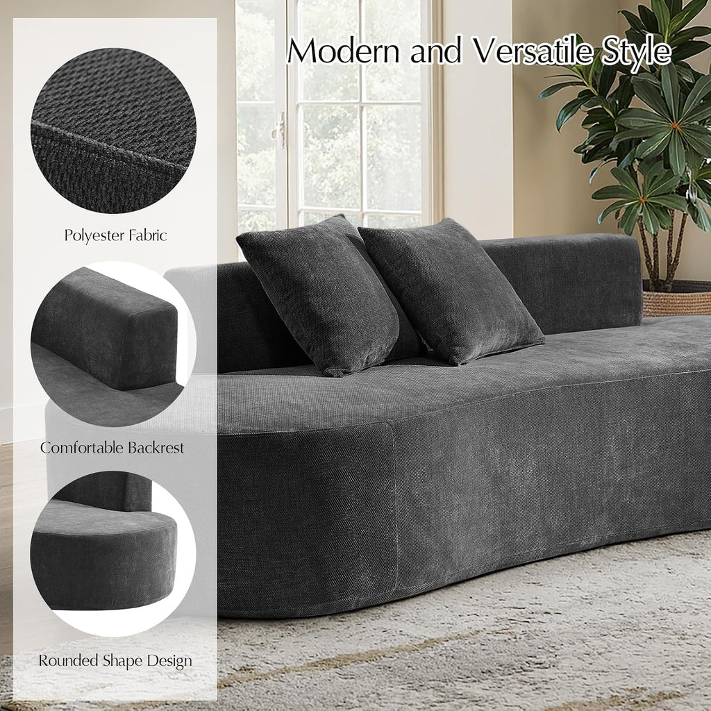 HULALA HOME 94.5' Curved Boneless Couch with Two Pillows, Oversized 3 Seater Compressed Foam Sofa with Deep Seat, Modern Cloud Couch for Living Room, No Assembly Required, Charcoal