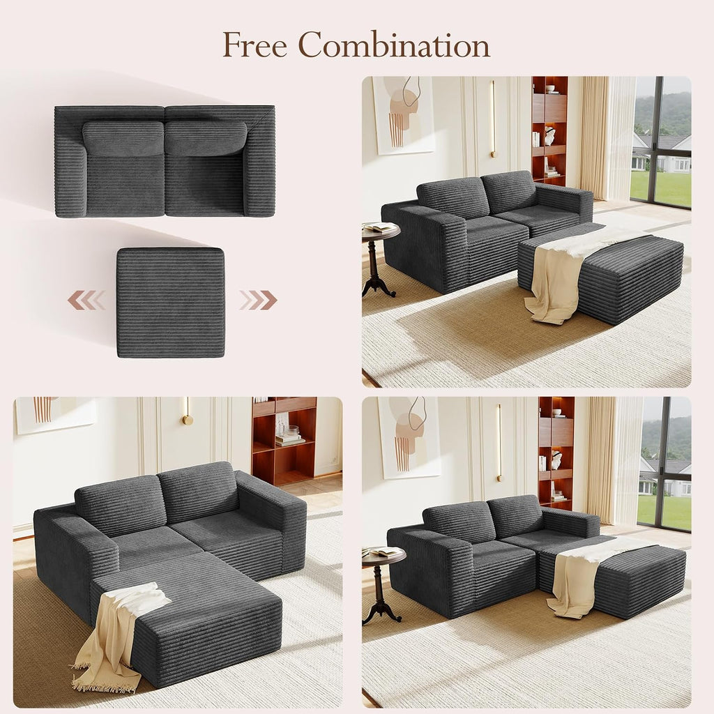 Vesgantti 80' Modular Sectional Sofa, Corduroy Cloud Couch with Deep Seats & Spring Support, Compact 2 Seater Boneless Couch, L-Shaped Modular Sofa for Small Spaces, Apartments, No Assembly, Grey