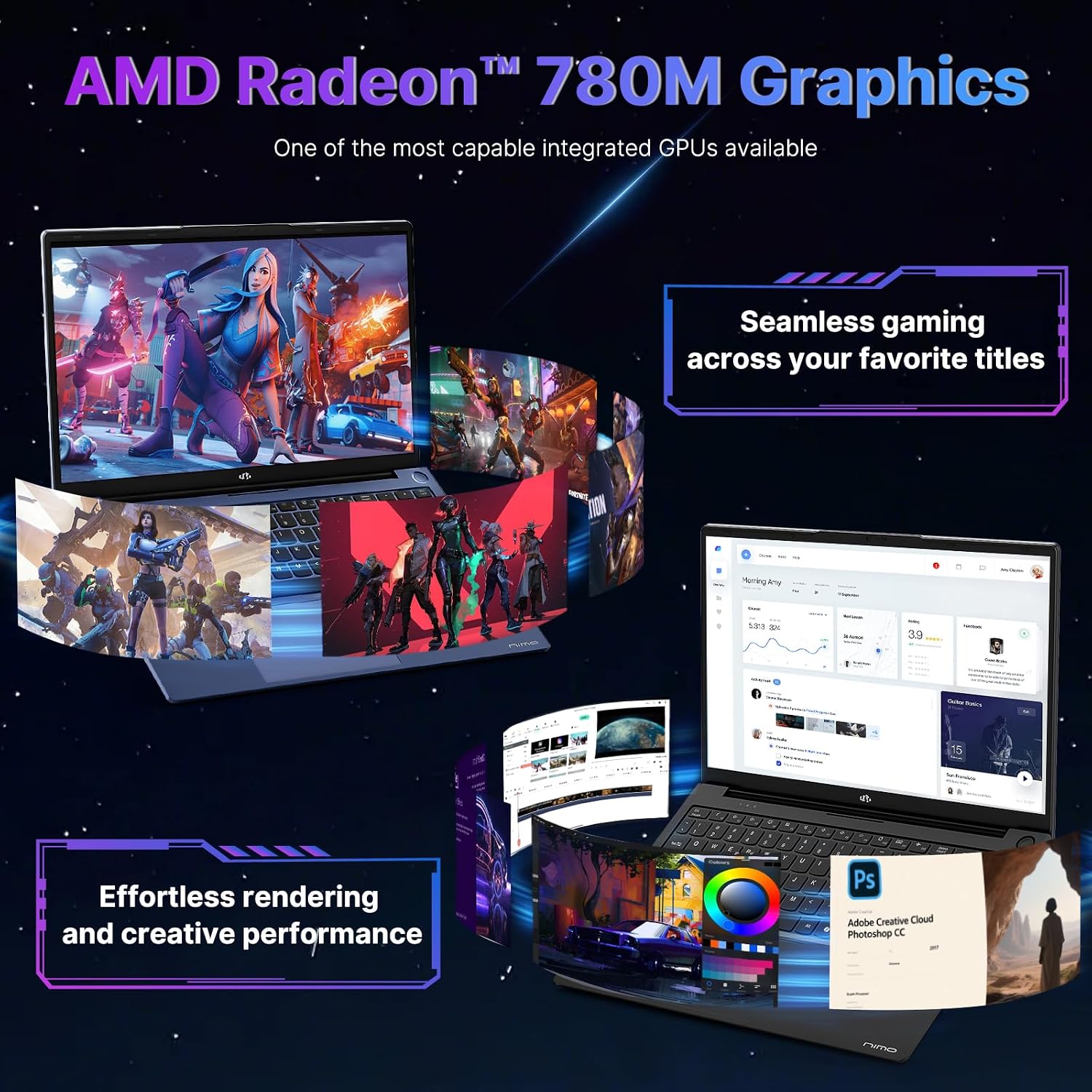 NIMO 17.3 Gaming-Laptop Ryzen 9 8945HS (>i9-13900H) 64GB RAM, 2TB SSD, Radeon 780M, USB-C 4.0 AI-Enhanced for Copilot VR Ready, PD 100W Backlit KB Fingerprint Unlock, Gaming Student Office Business