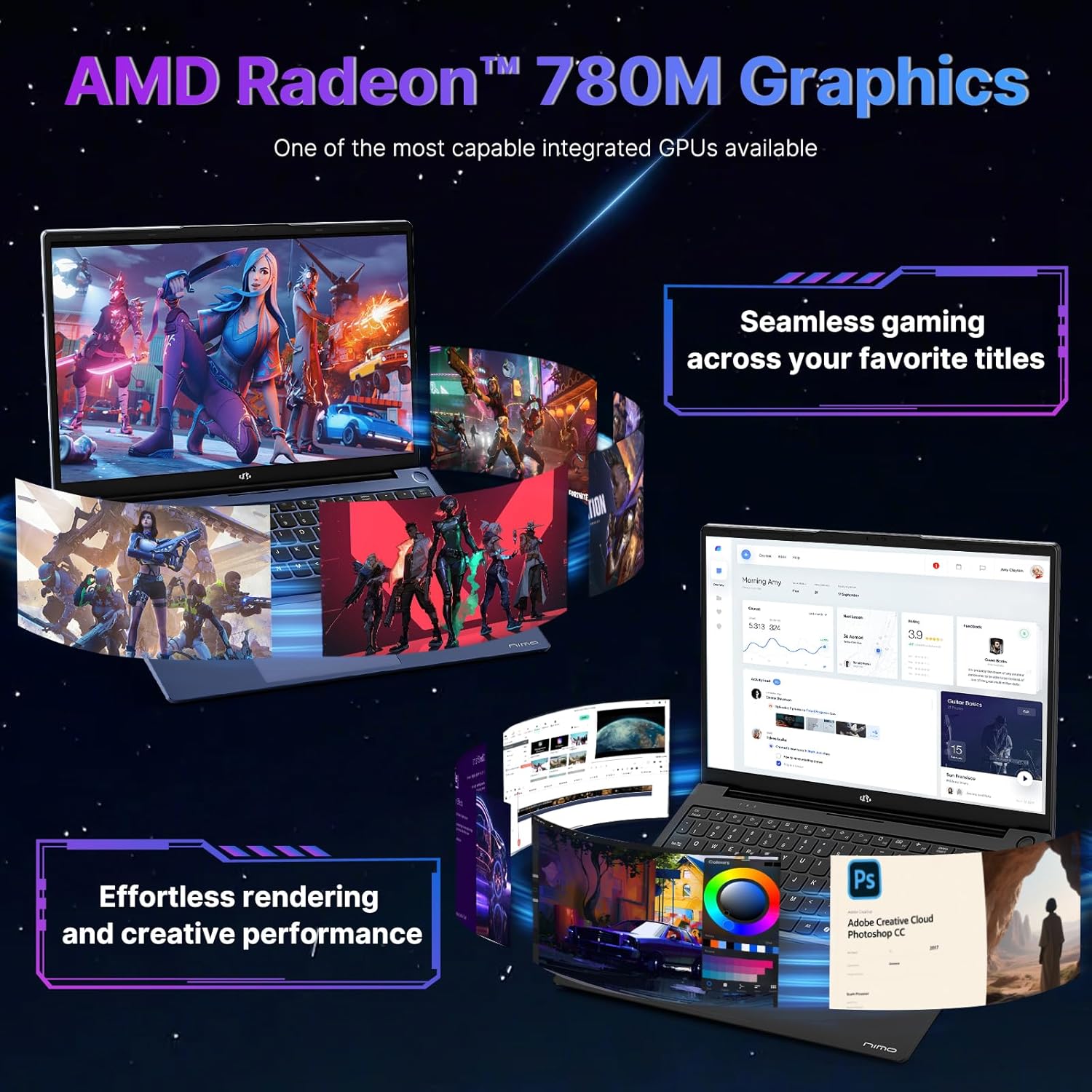 NIMO 17.3 Gaming-Laptop Ryzen 9 8945HS (Beat i9-13900H, Up to 5.2GHz) 16GB RAM, 1TB SSD, Radeon 780M, PD 100W Type-C AI-Enhanced for Copilot VR Ready, Backlit Keyboard, Fingerprint, 75W Battery