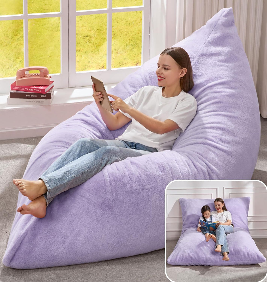 Hobestluk 3 in 1 Bean Bag Chair Giant Bean Bag Chairs for Adults with Plush Faux Fur Cover Convertible Bean Bag Floor Cushion with Machine Washable Cover for Living Room (Plush Purple)