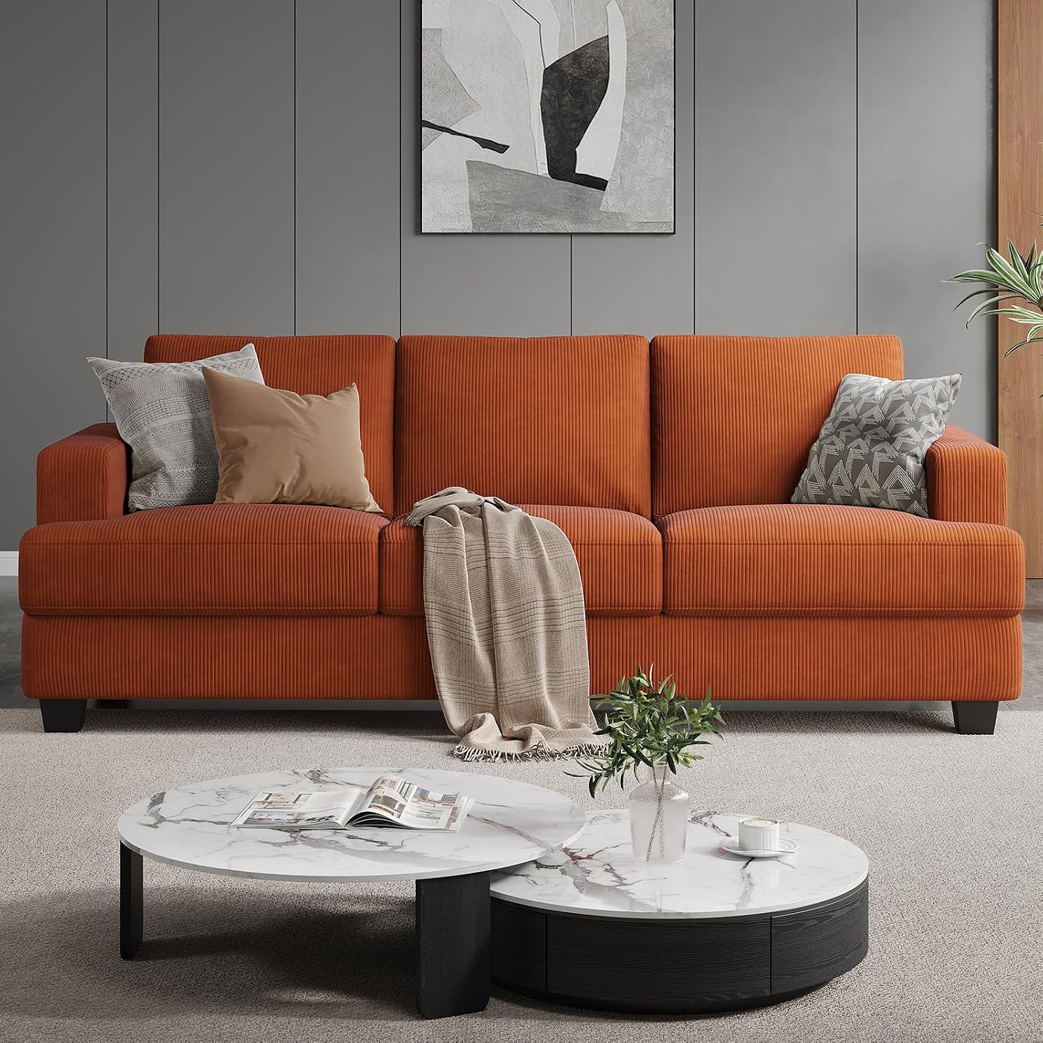 COPIAE 89 Inch Sofa with Extra Deep Seats Oversize, 3 Seater Sofa for Living Room, Modern Couch and Sofa, Comfy Armrests and Seats and Backrests, Easy Installation, Corduroy Fabric Rust