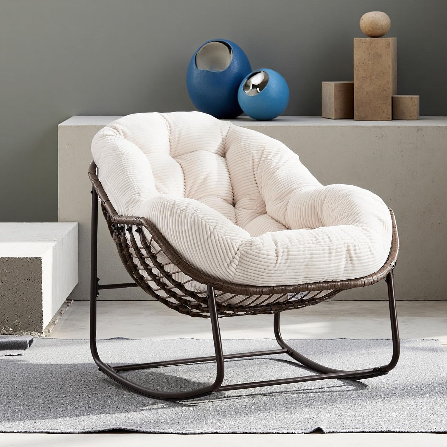 Oversized Papasan Rocking Chair, Indoor & Outdoor Egg Rocker with All-Weather Hand-Woven Rattan & Rust-Proof Steel Frame for Porch, Patio, Living Room (Corduroy, White)
