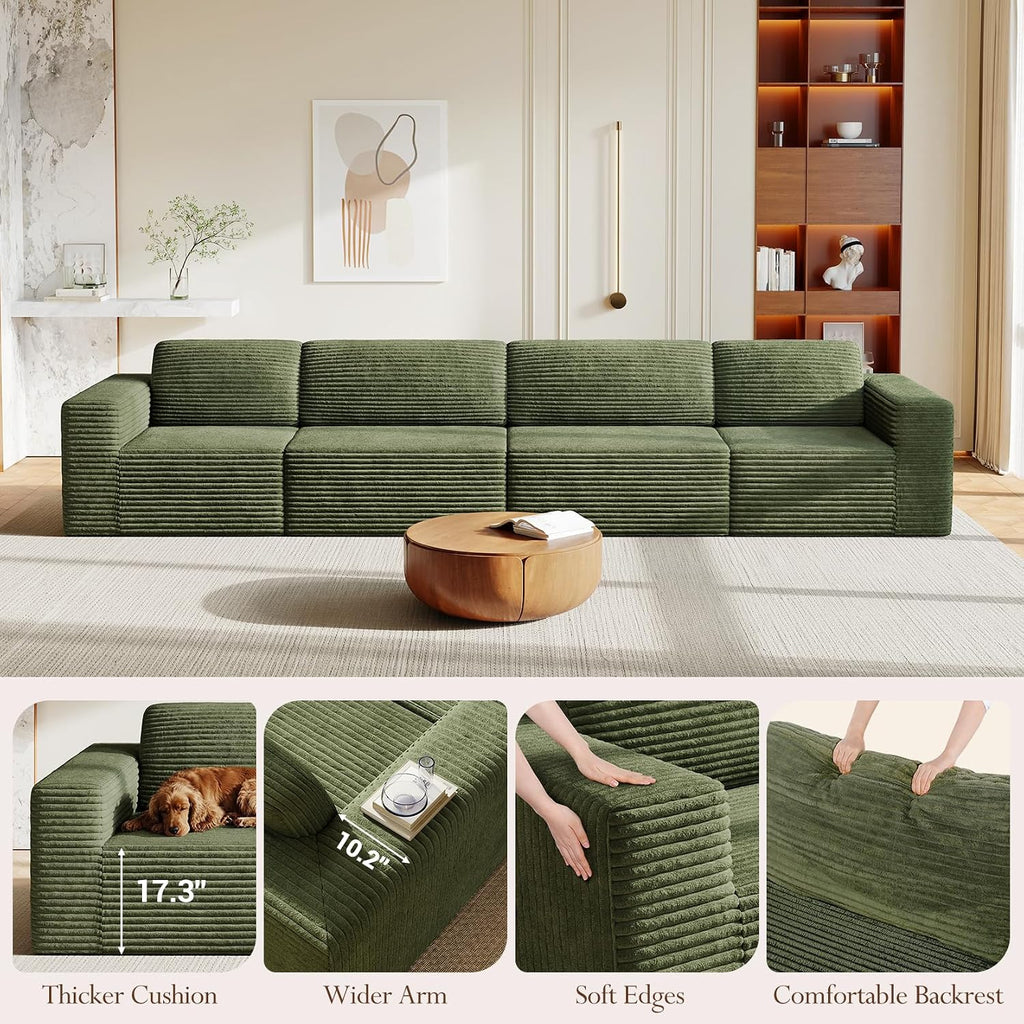Vesgantti 159' Modular Sectional Sofa, Corduroy Cloud Couch with Extra Deep Seats & Spring Support, Flexible Layout 4-Seater Boneless Couch, No Assembly Required, Green