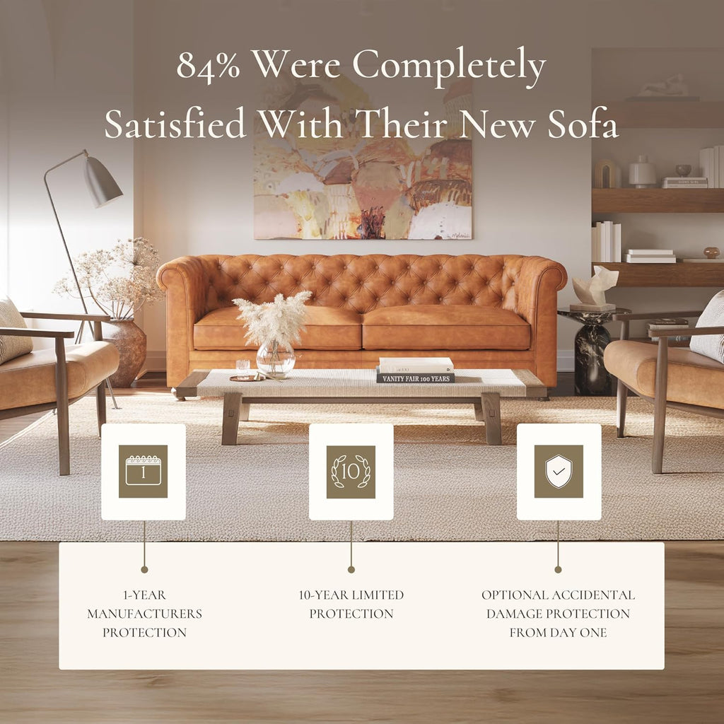 POLY & BARK Lyon 87.4' Leather Sofa in Cognac Tan – Full-Grain Pure-Aniline Italian Leather, Deep Button Tufting, Rolled Arms and Espresso Wood Legs – Chesterfield Style for Elegant Living Rooms