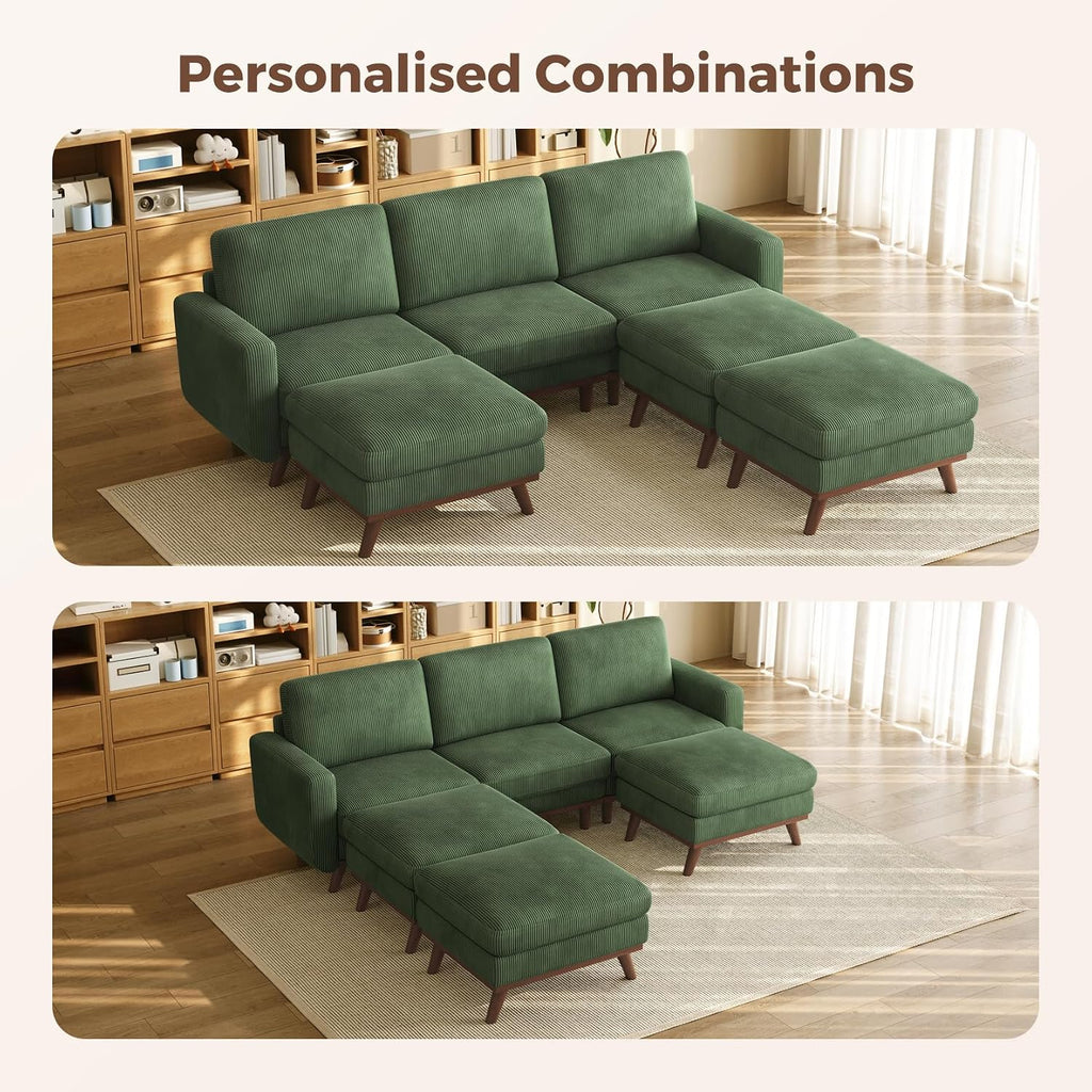 Vesgantti 97' Modular Sectional Sofa Green, Sectional Couch with Movable Ottoman, Comfy Corduroy Couch with Spring Cushion, Modular Sofa with Deep Seat for Living Room, Bedroom and Apartment