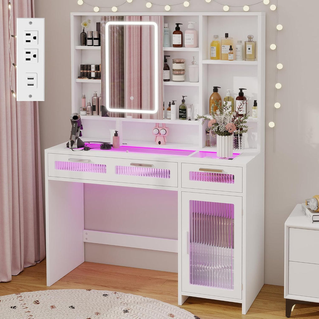 Hadulcet White Vanity Desk with Mirror and Lights, 43' Makeup Vanity Desk with Glass Top, Power Outlets, 2 Drawers, 10 Shelves & Acrylic Cabinet, LED Vanity Table for Girls Women Gift