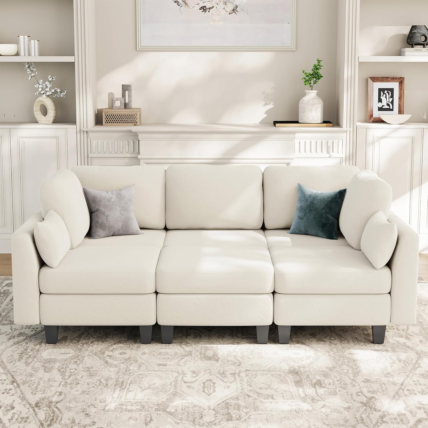 Sectional Sleeper Sofa, 6 Seaters Modular Sleeper Sofa Couch, Comfy Sectionals Couches Bed, Convertible Sofas with Ottomans, Modular Sectional Couches for Living Room, Beige