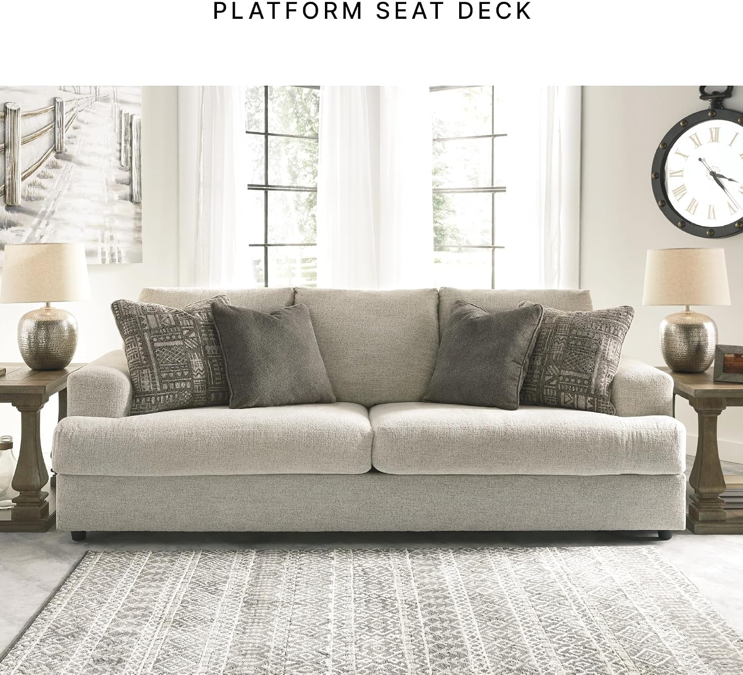 Signature Design by Ashley Soletren Contemporary Chenille Sofa with 4 Accent Pillows, Off-White