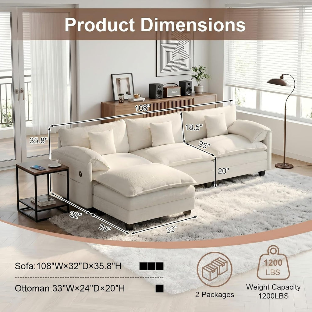 KCGKCG Modular Sectional Sofa, 108' Comfy Cloud Couch with Movable Ottoman | Charging Station | Side Pocket | Throw Pillow, Modern L-Shaped Couches for Living Room, Chenille, Cloud White