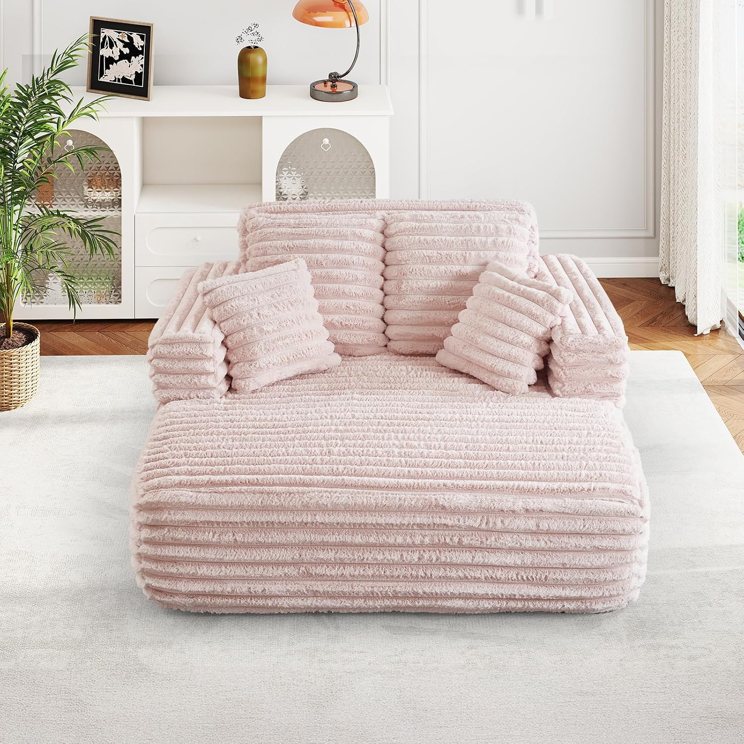 JEEOHEY 56' Oversized Chaise Lounge Chair Indoor,Plush Faux Fur Sleeper Sofa Couch Bed with Pillows&Wide Armrests,Fluffy Comfy Cloud Couch,Compression Foam Couch for Living Room,Bedroom(Pink)