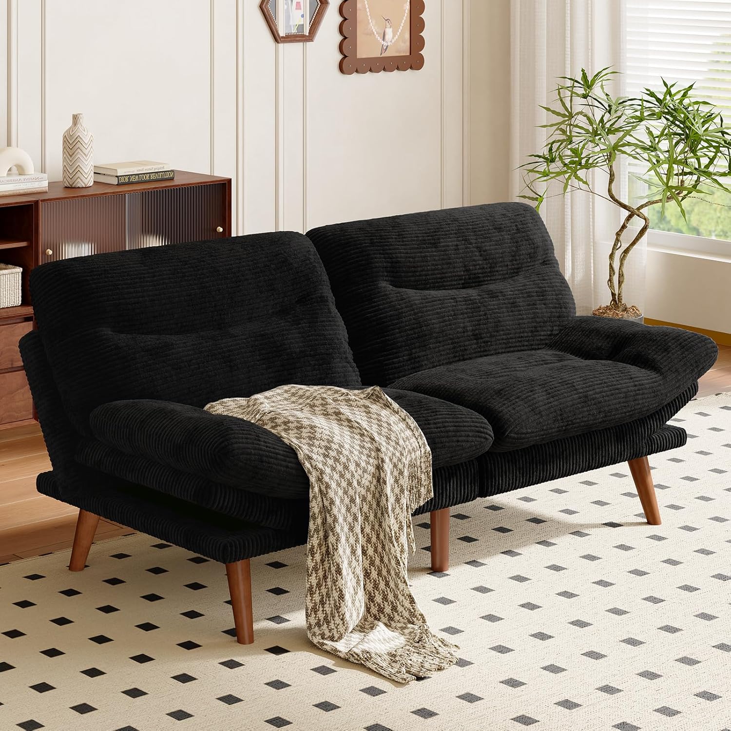 Amada 66' Convertible Futon Sofa Bed, Corduroy Folding Futon Set with Adjustable Backrest &Armrests, Recliner Lounge for Living Room, Apartment or Office, Solid Wood Frame, Loveseat Sofa - Black
