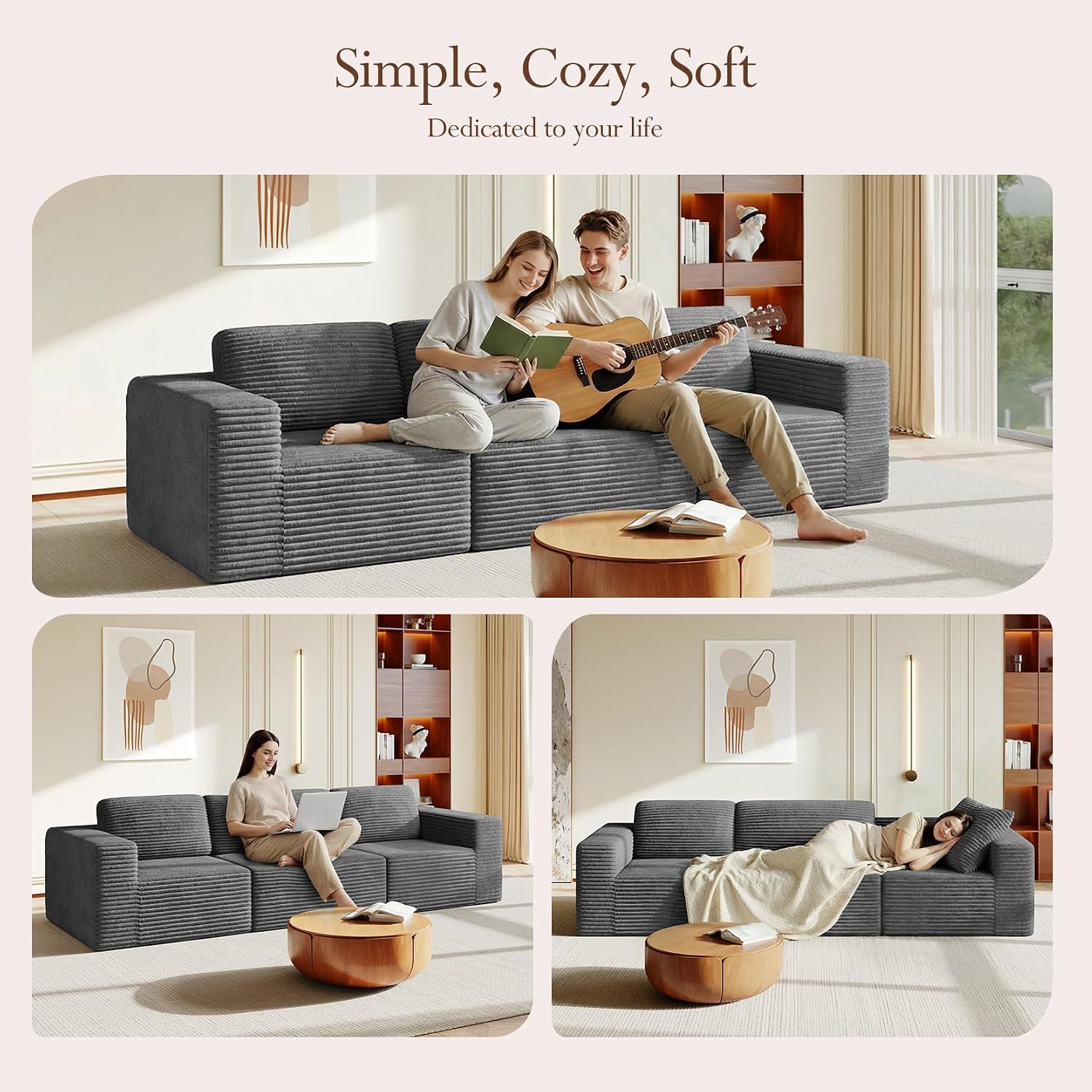 Vesgantti 119' Modular Sectional Sofa, Corduroy Cloud Couch with Deep Seating & Spring Support, 3 Seater Flexible Layout Sofa, Boneless Couch for Living Room & Apartment, No Assembly Required, Grey