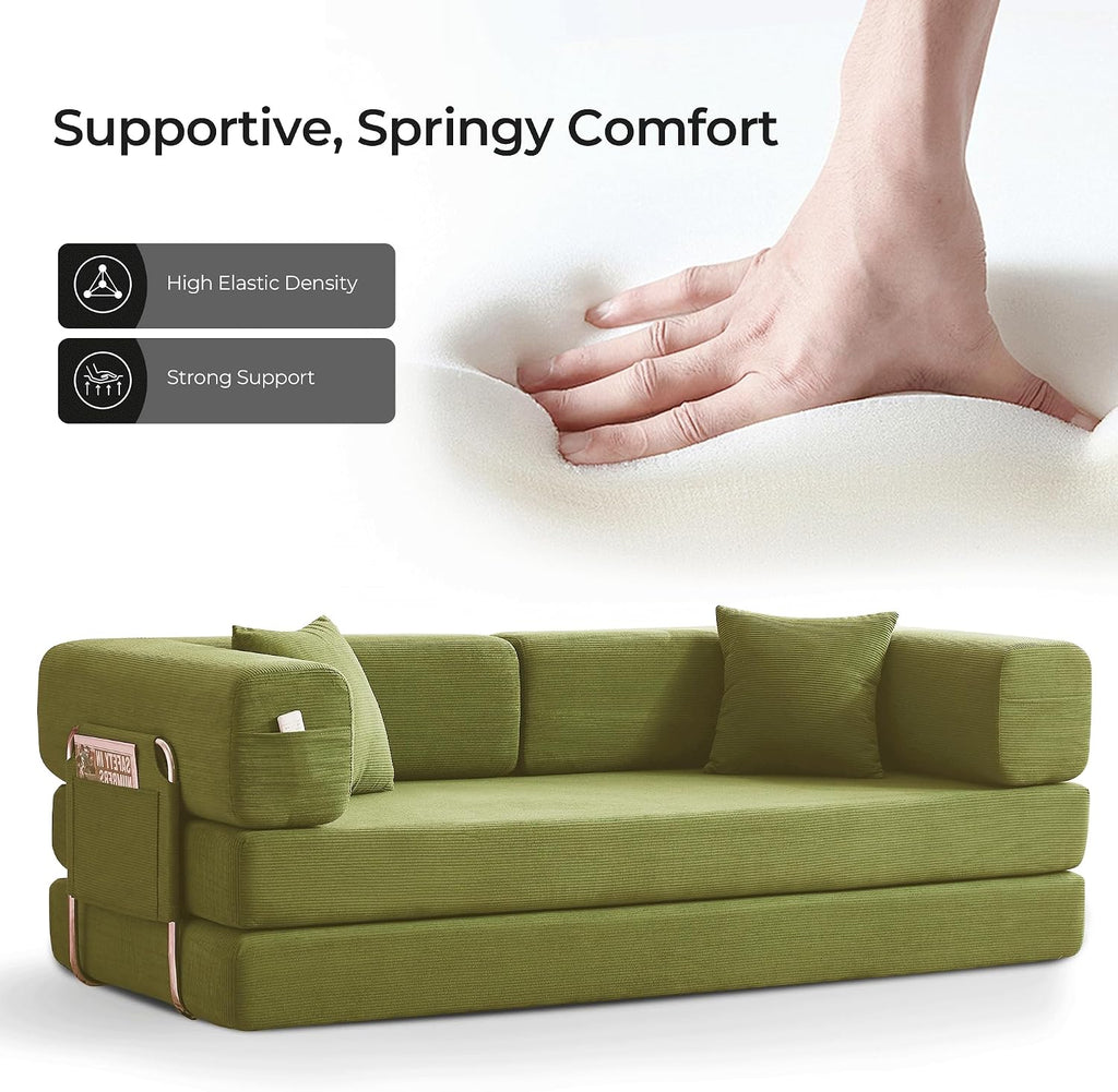 79' Convertible Sofa Bed with Pillows, Corduroy Folding Sleeper Sofa with Fixed-Shape Frame, Boneless Couch for Living Room Bedroom, Floor Sofa Lounge No Assembly Required (A - Style - Olive Green)