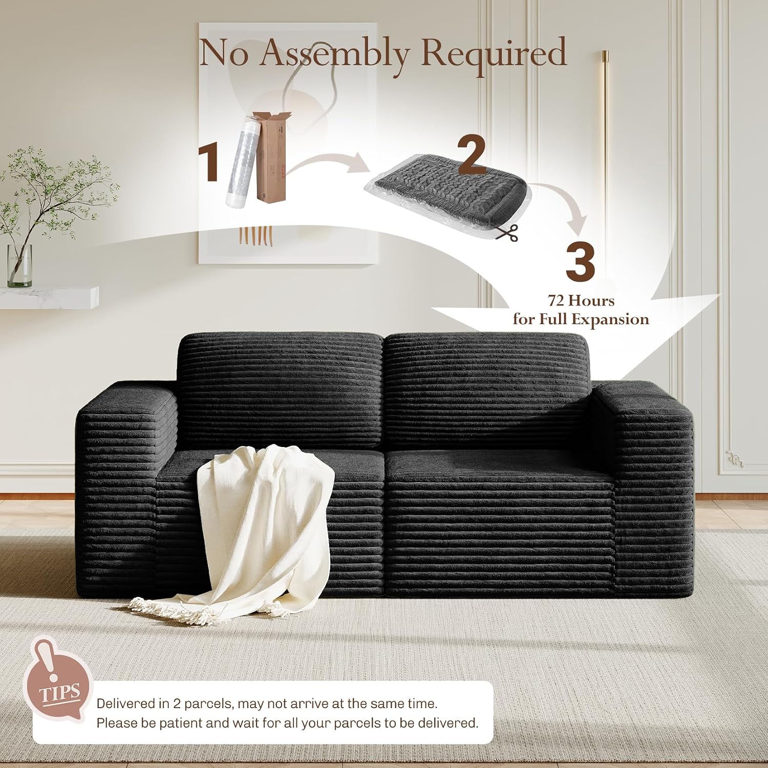 Vesgantti 80' Modular Sectional Sofa, Corduroy Cloud Couch with Deep Seating & Spring Support, 2 Seater Compact Modular Couch, Boneless Sectional Sofa for Small Spaces, No Assembly Required, Black