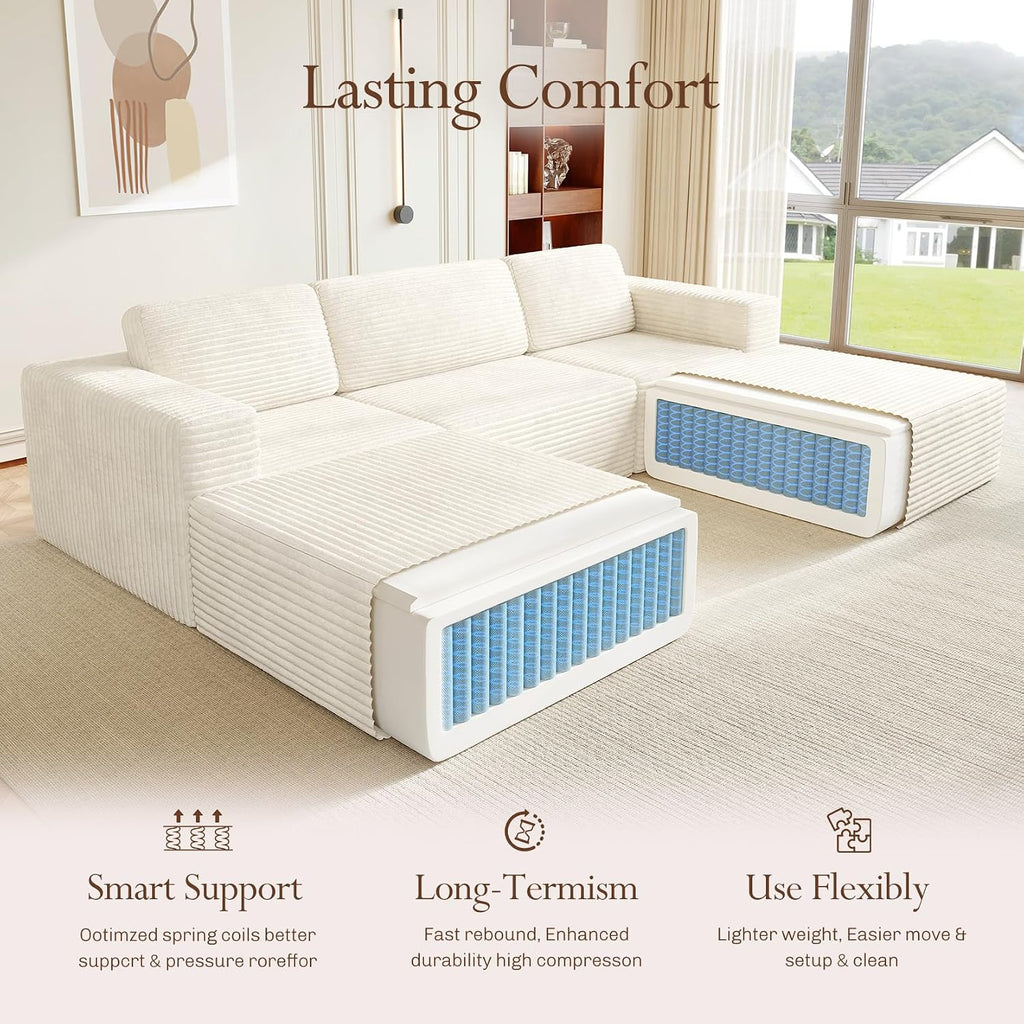 Vesgantti 119' Oversized U-Shaped Modular Sectional Sofa, Corduroy Cloud Couch with Deep Seating & Spring Support, Convertible Sofa with 2 Ottomans, Boneless Couch, No Assembly Required, Beige