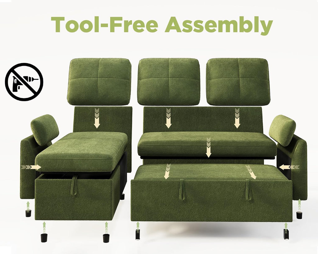 VanAcc Sleeper Sofa, Sofa Bed with Storage Chaise, Convertible Sofa Bed with Pull Out Couch, l Shaped Couch for Living Room, Linen Green