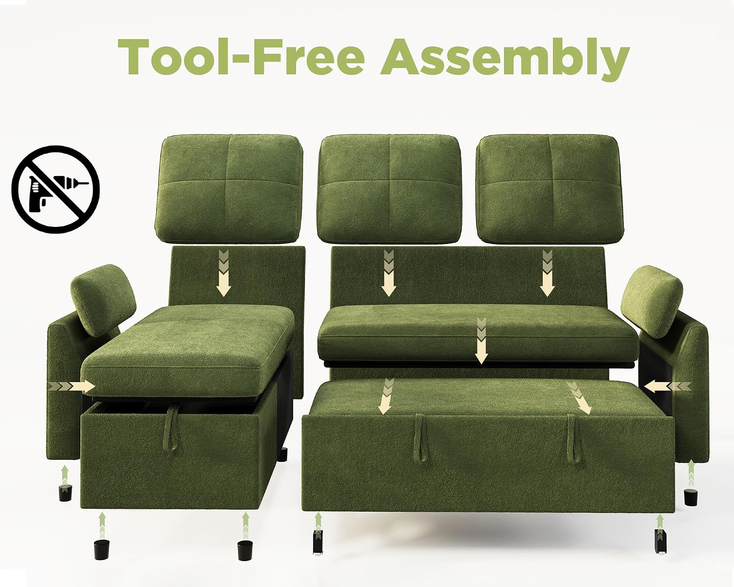 VanAcc Sleeper Sofa, Sofa Bed with Storage Chaise, Convertible Sofa Bed with Pull Out Couch, l Shaped Couch for Living Room, Linen Green