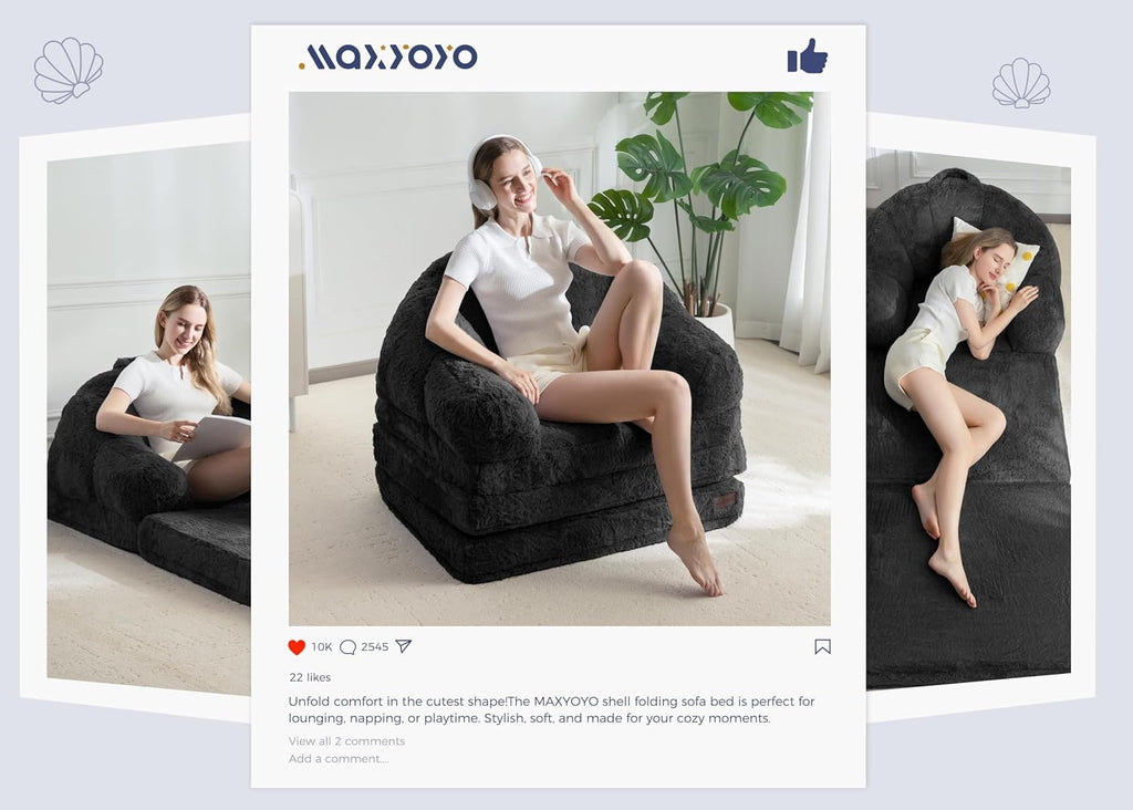 MAXYOYO Folding Sofa Bed, 2 in 1 Convertible Sofa to Lounger Comfy Single Bean Bag Chair for Adults, Floor Sleeper Couch with Handle, Faux Fur Couch Bed for Living Room Bedroom, Black