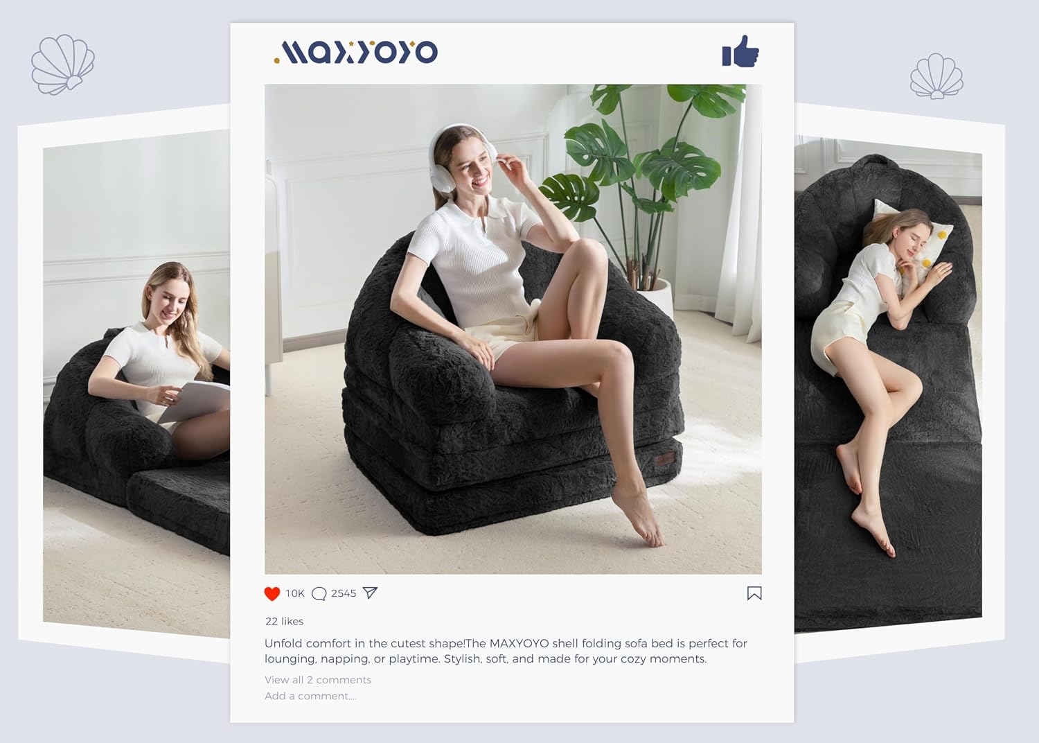 MAXYOYO Folding Sofa Bed, 2 in 1 Convertible Sofa to Lounger Comfy Single Bean Bag Chair for Adults, Floor Sleeper Couch with Handle, Faux Fur Couch Bed for Living Room Bedroom, Black