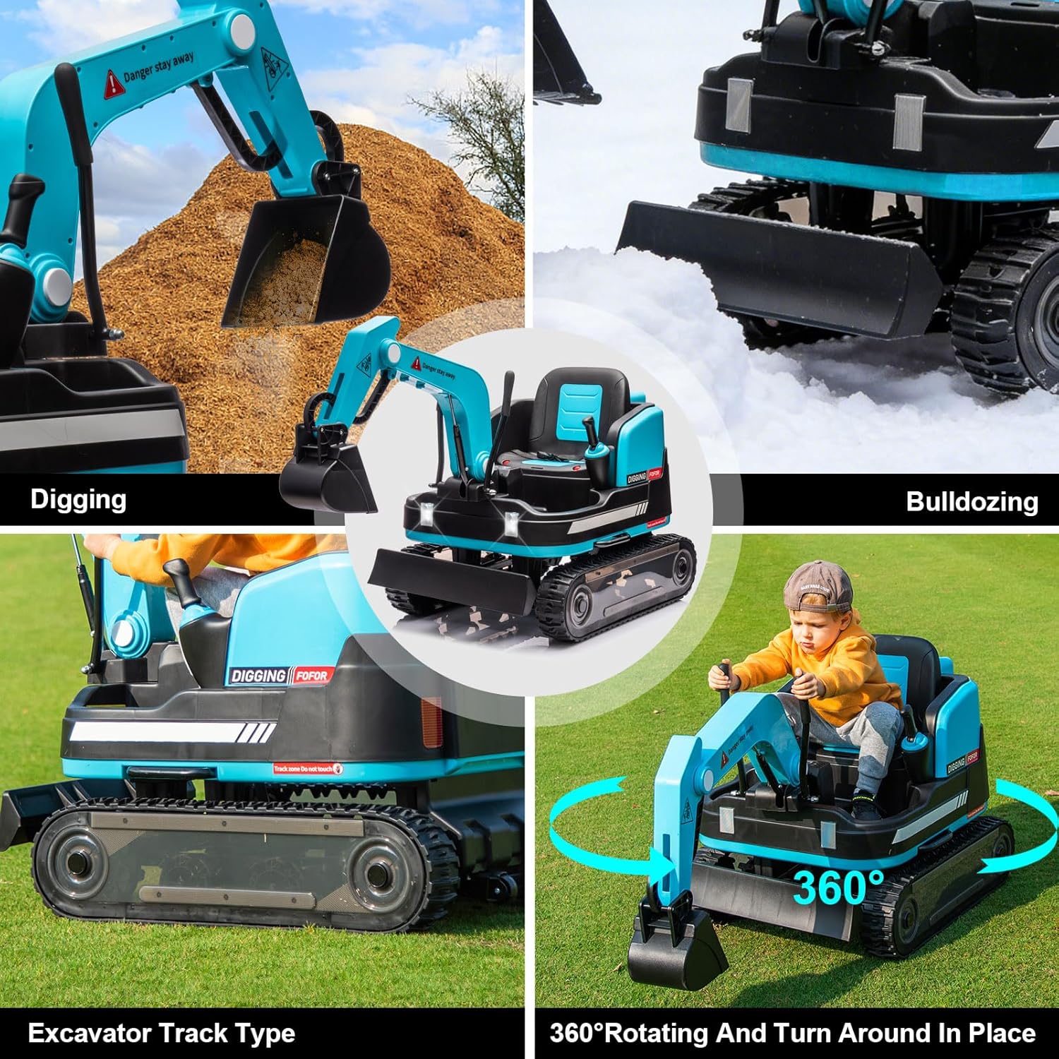 JOYLDIAS 360 Degree Rotating Ride On Excavator and Bulldozer,12V12AH Battery Powered Ride On Toy Backhoe W/Track Design Wheels for All Terrain,Remote Control,MP3,Toolbox for Kids,Parent,Blue