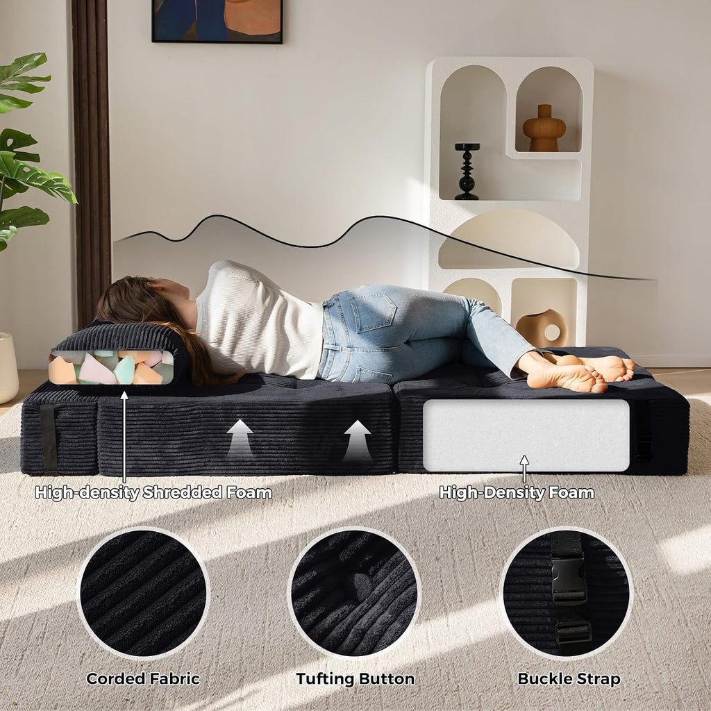 MAXYOYO Folding Sofa Bed, Convertible Sofa Bed with High-Density Support Foam, Portable 4 in 1 Fold Out Chair to Floor Lounger, Versatile Floor Couch for Living Room Bedroom, Black