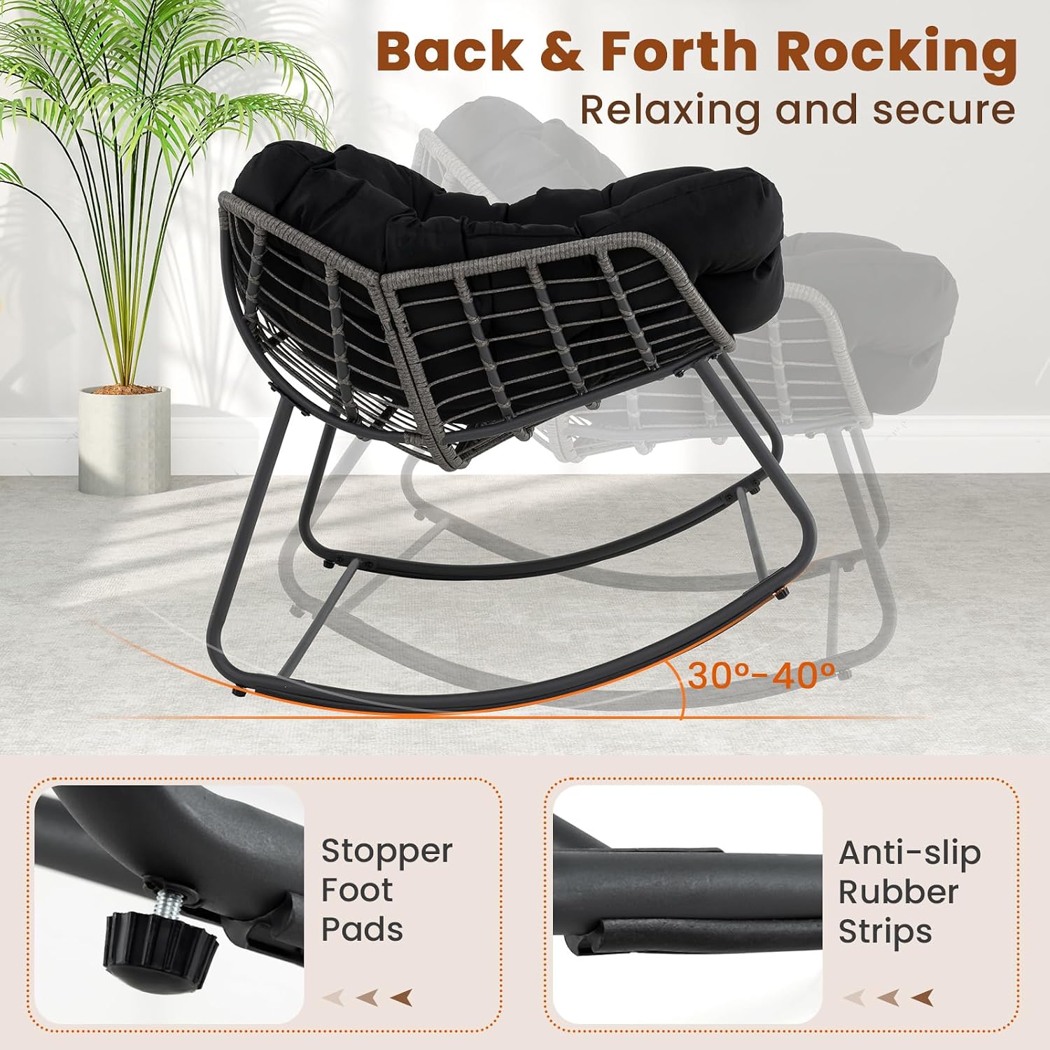 Giantex Outdoor Rocking Chair with Padded Cushion, Oversized Papasan Chair, PE Rattan, Egg Rocker for Reading, Front Porch, Garden, Patio, Backyard (1,Black)