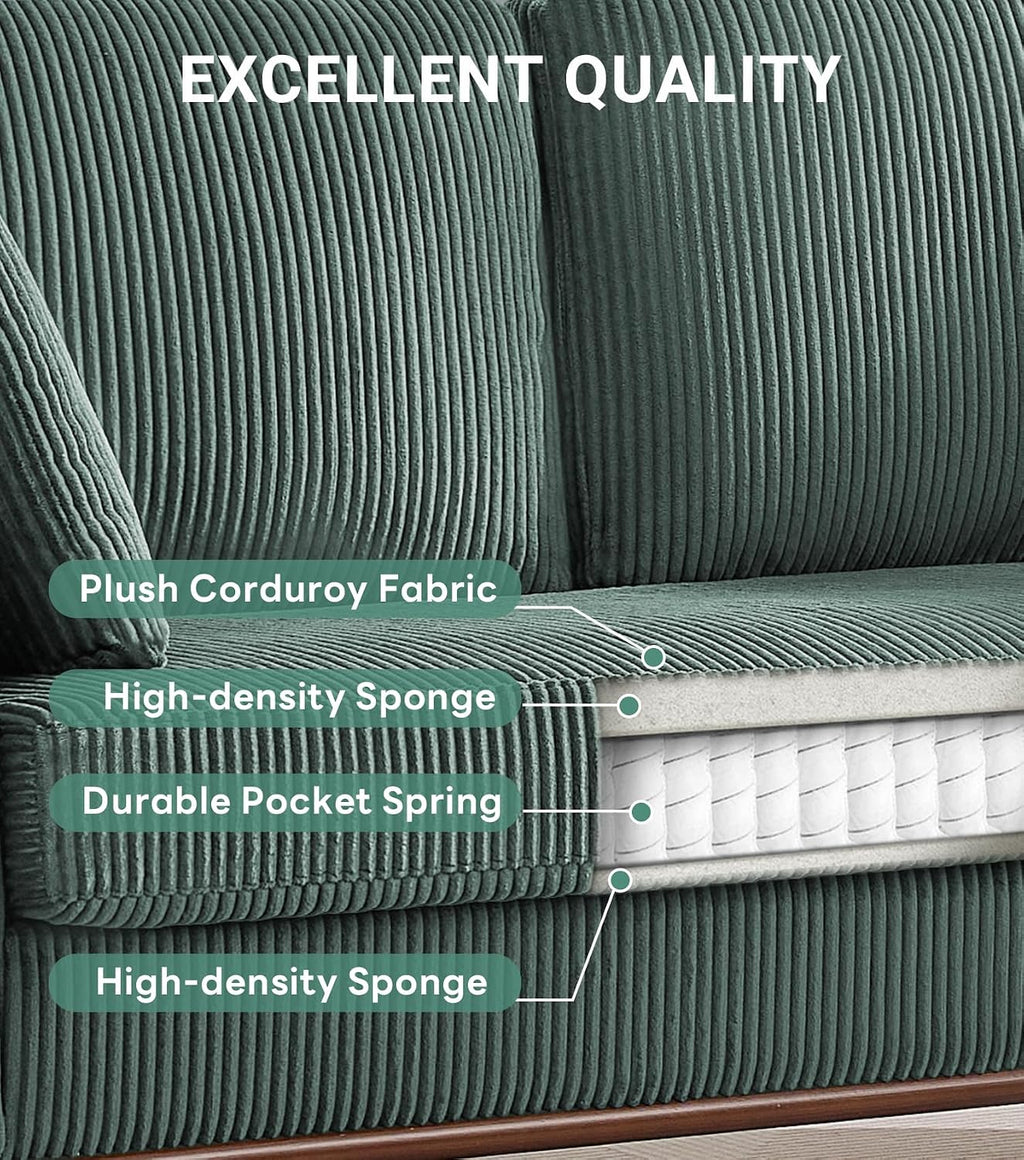 Kingfun 65' Corduroy Love Seat with Spring Cusions, Mid Century Modern Loveseat Sofa for Livingroom & Bedroom, Comfy Upholstered Small Couch, Green
