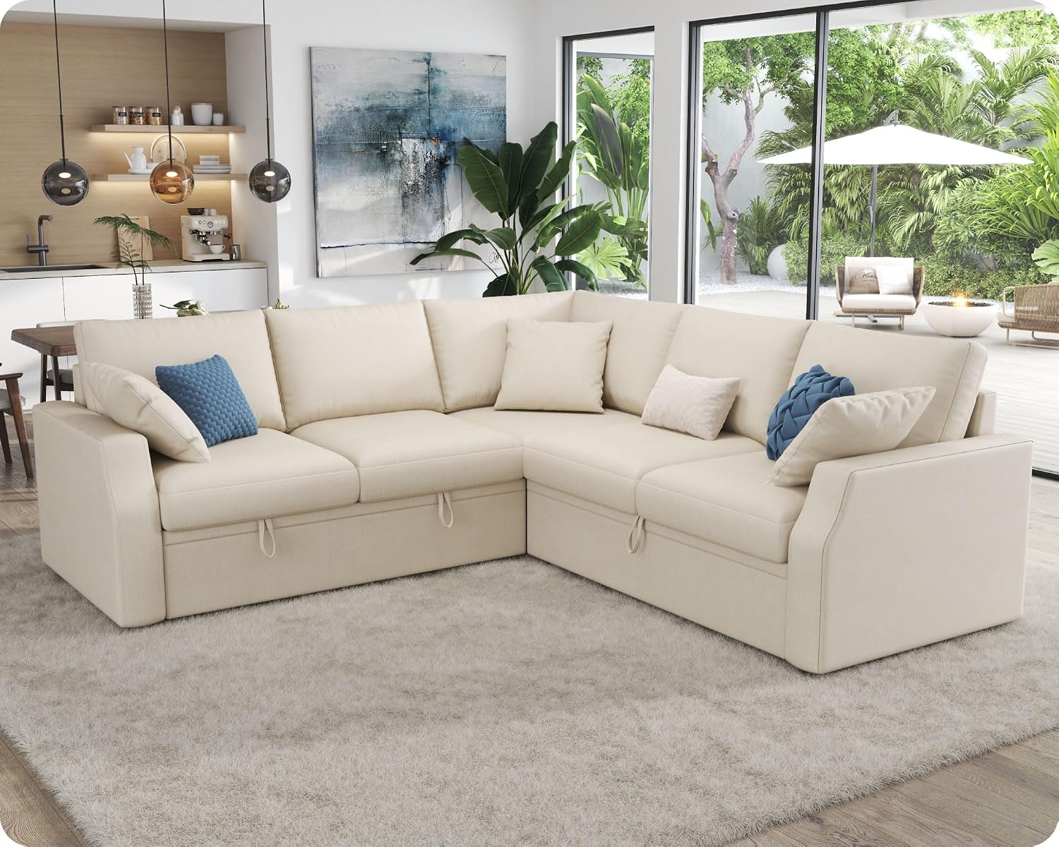 AMERLIFE 85 Inch Sofa Bed, Oversized L Shape Couch with Pull Out Bed & Storage Seat, Oversized Reversible Sleeper Sofa for Living Room Apartment, Beige Linen Couch
