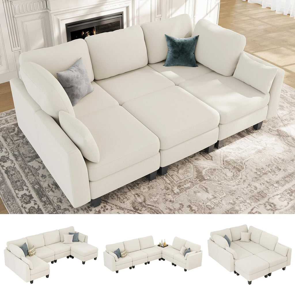 Sectional Sleeper Sofa, 6 Seaters Modular Sleeper Sofa Couch, Comfy Sectionals Couches Bed, Convertible Sofas with Ottomans, Modular Sectional Couches for Living Room, Beige