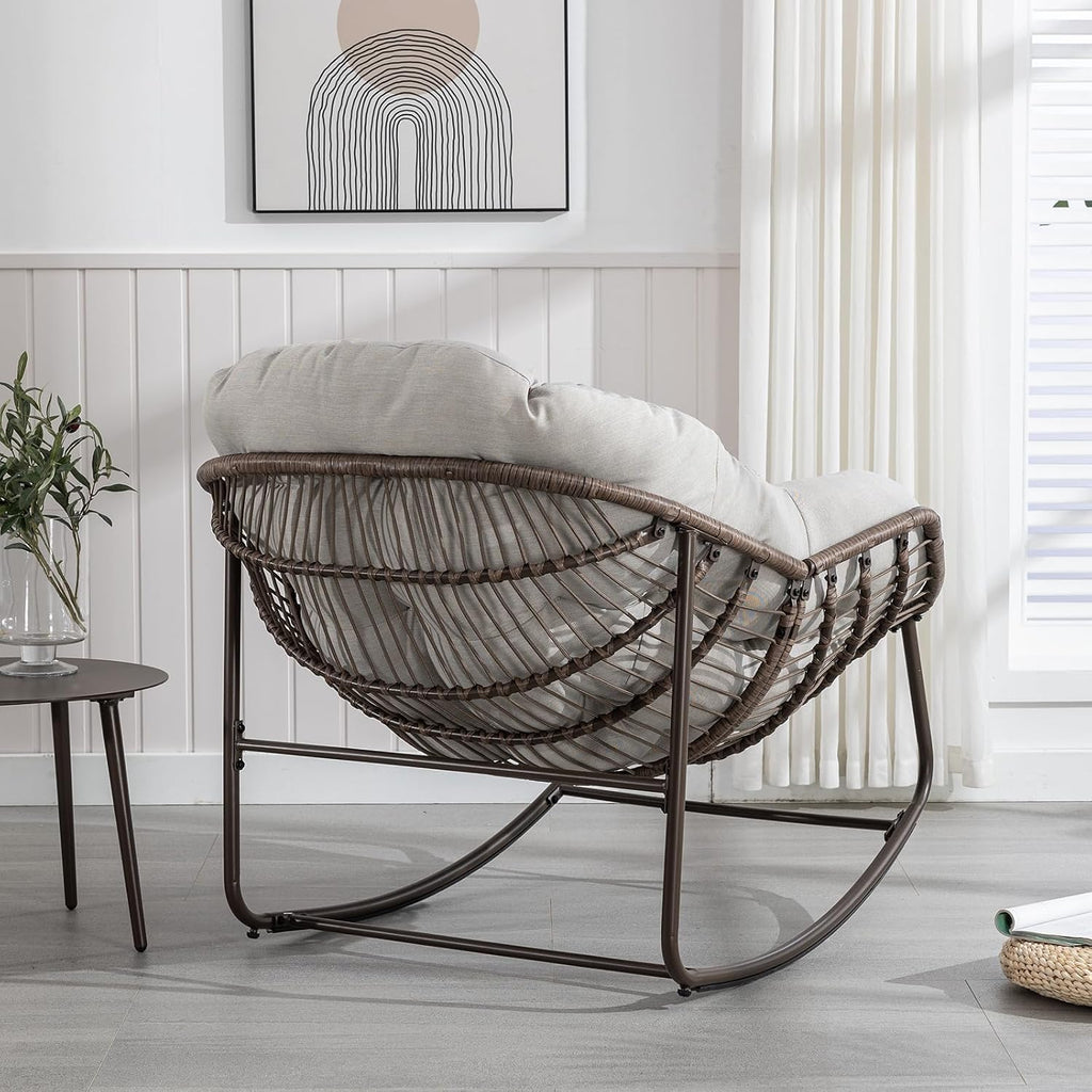 JEEOHEY Papasan Rocking Chairs Outdoor Indoor, Oversized Rattan Rocker Patio Chair with Padded Cushion, Comfy Modern Indoor Egg Chair for Living Room, Bedroom, Porch, Garden, Balcony(Velvet, Beige)