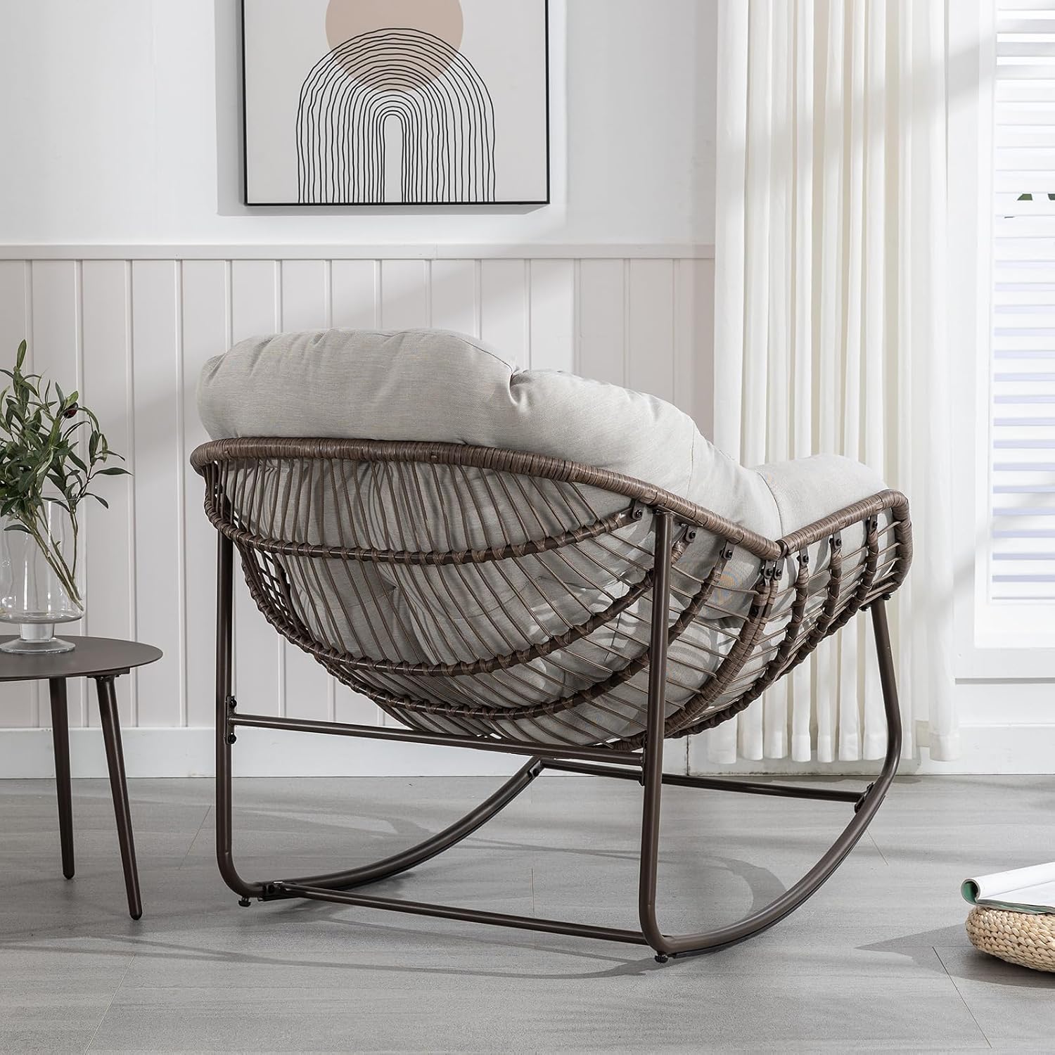JEEOHEY Papasan Rocking Chairs Outdoor Indoor, Oversized Rattan Rocker Patio Chair with Padded Cushion, Comfy Modern Indoor Egg Chair for Living Room, Bedroom, Porch, Garden, Balcony(Velvet, Beige)