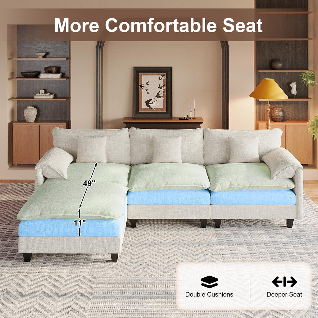KCGKCG Modular Sectional Sofa, 108' Comfy Cloud Couch with Movable Ottoman | Charging Station | Side Pocket | Throw Pillow, Modern L-Shaped Couches for Living Room, Chenille, White