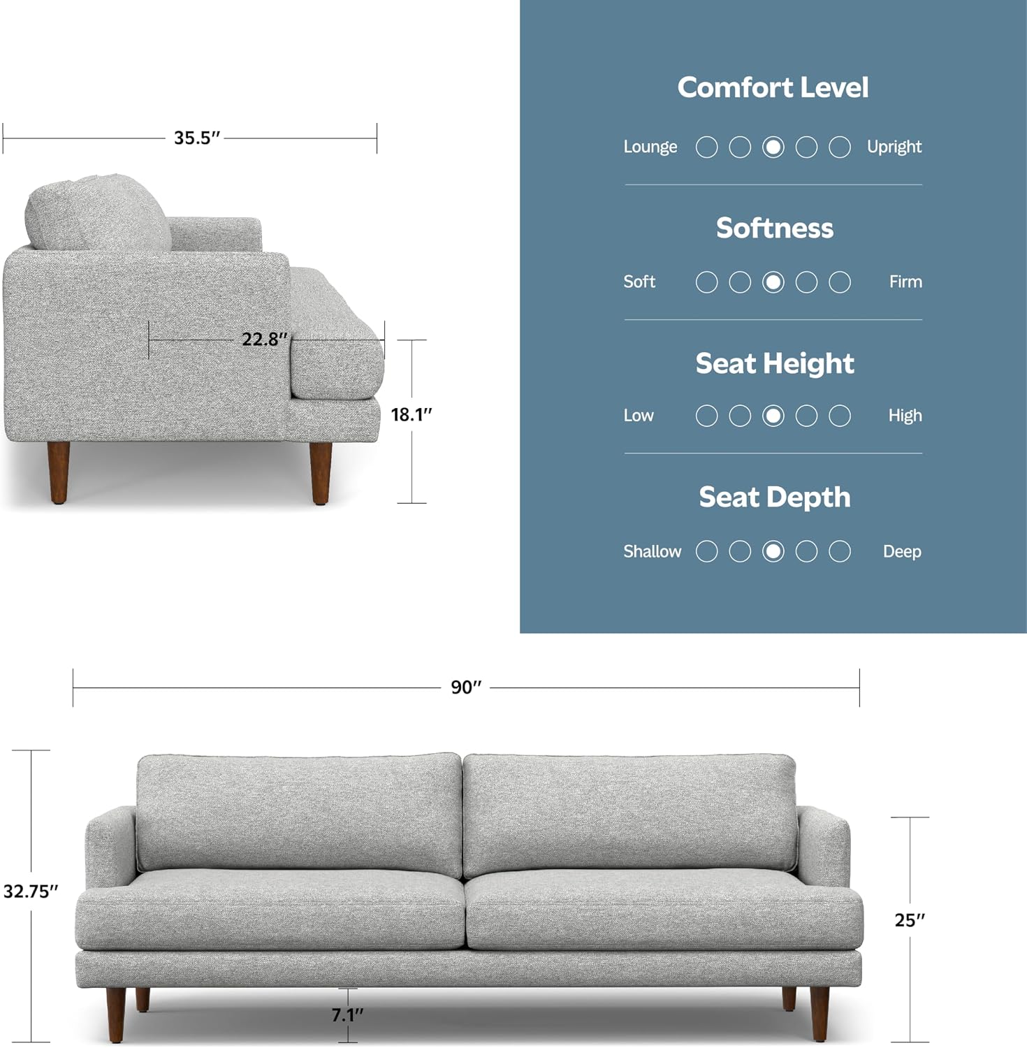SIMPLIHOME Livingston 90-inch Wide Sofa in Mist Grey Woven-Blend Fabric, Handcrafted Mid-Century Modern Oversized 3-Seater Couch Sofa for Living Room or Family Room, Solid Wood Frame
