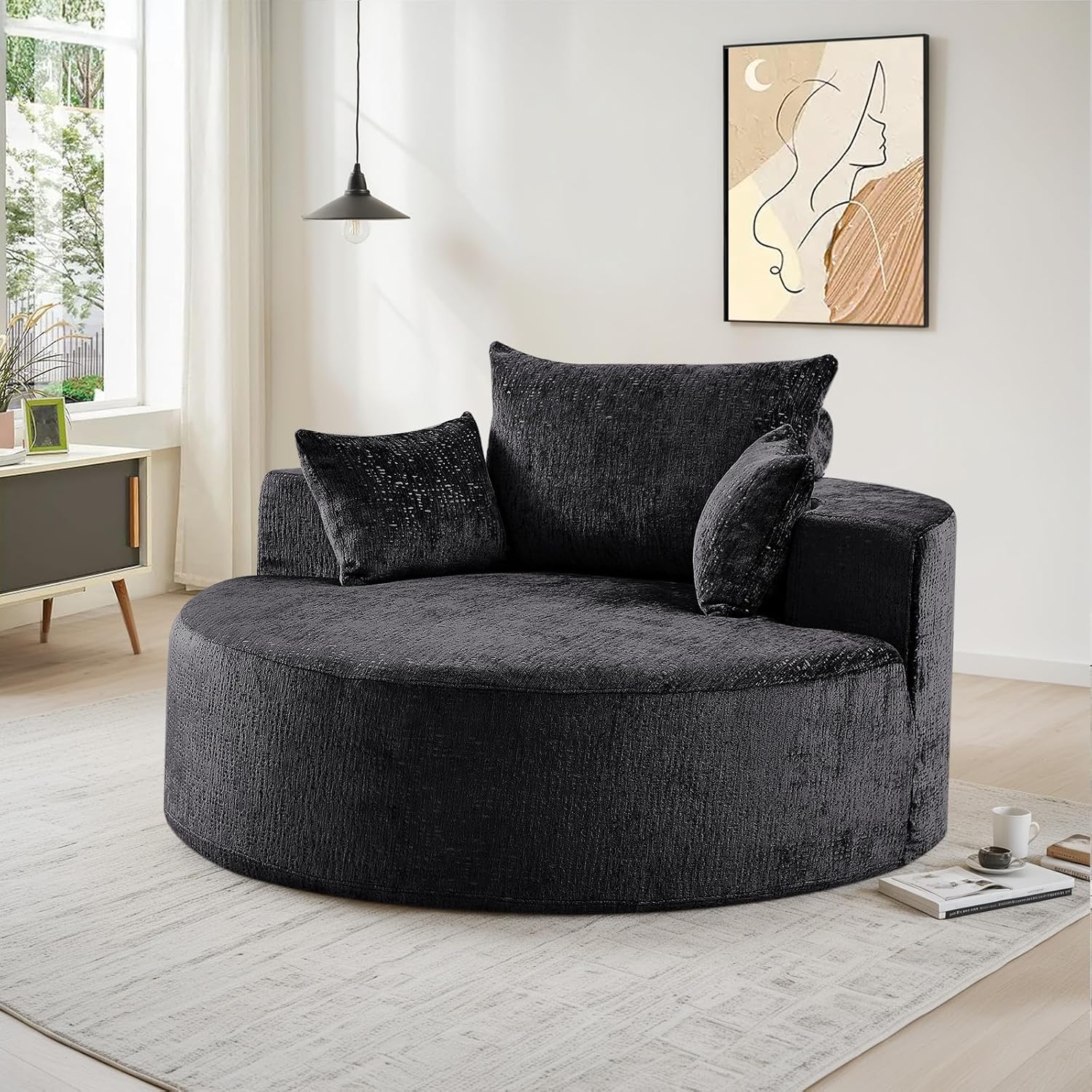 Oversized Round Chaise Longue Chair Indoor, Modern 55-inch Upholstered Chenille Deep Seat Circle Single Cloud Lounge Floor Sofa Chair for Living Room, Bedroom Apartment, Black