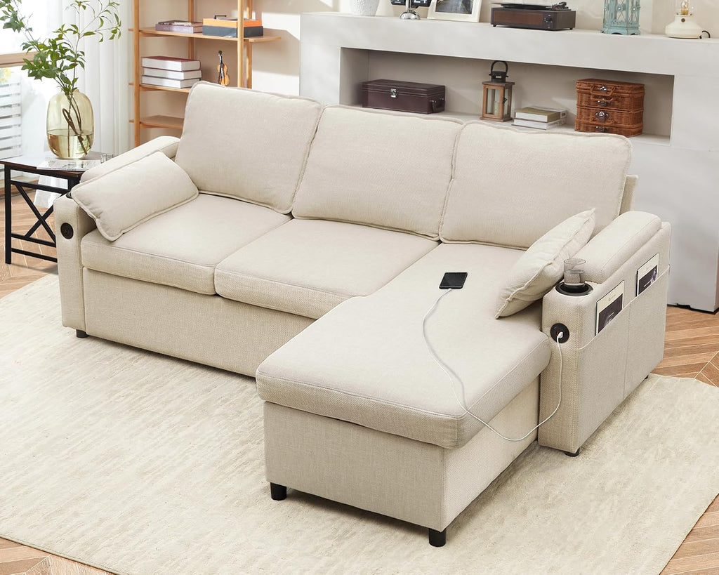 DURASPACE Sofa Bed Sleeper Pull Out 2 in 1 Sectional Sleeper Sofa Couches with Storage,USB, Cup Holder,Pullout Sectional Couches for Apartment Living Room (Beige)