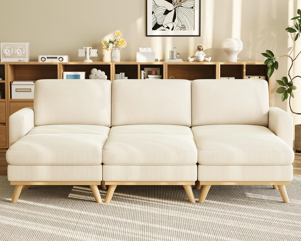 Vesgantti 97' Modular Sectional Sofa Beige, Sectional Couch with Movable Ottoman, Comfy Corduroy Couch with Spring Cushion, Modular Sofa with Deep Seat for Living Room, Bedroom and Apartment