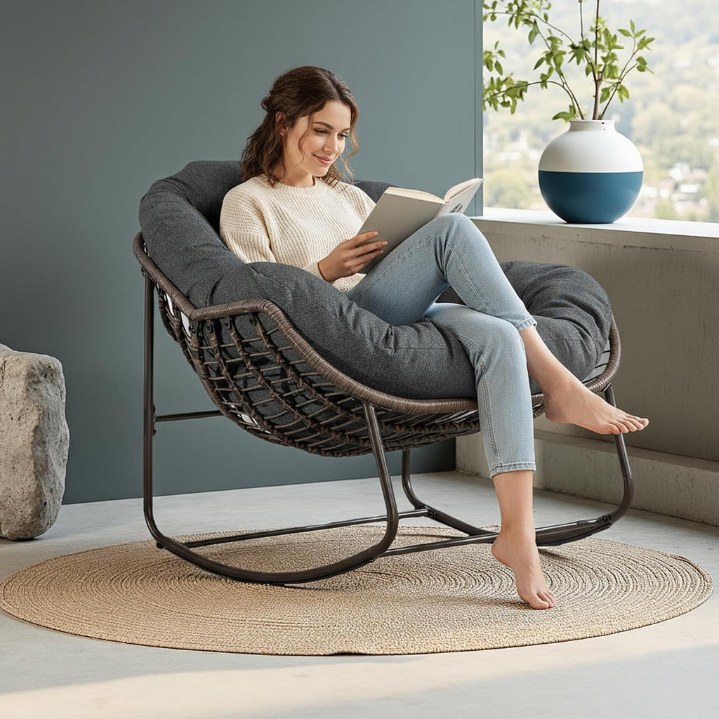 Oversized Papasan Rocking Chair, Indoor & Outdoor Egg Rocker with All-Weather Hand-Woven Rattan & Rust-Proof Steel Frame for Porch, Patio, Living Room (Linen-Like, Dark Grey)