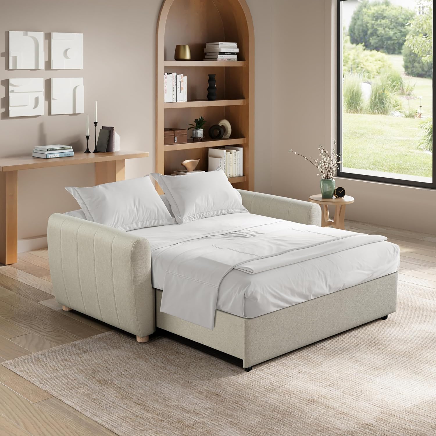 Serta Galway 66.5' Convertible Sleeper Loveseat, Full Size, Dreamcoil Comfort, FingerGuard Pinch Point Protection, Soft Woven Fabric, Beige