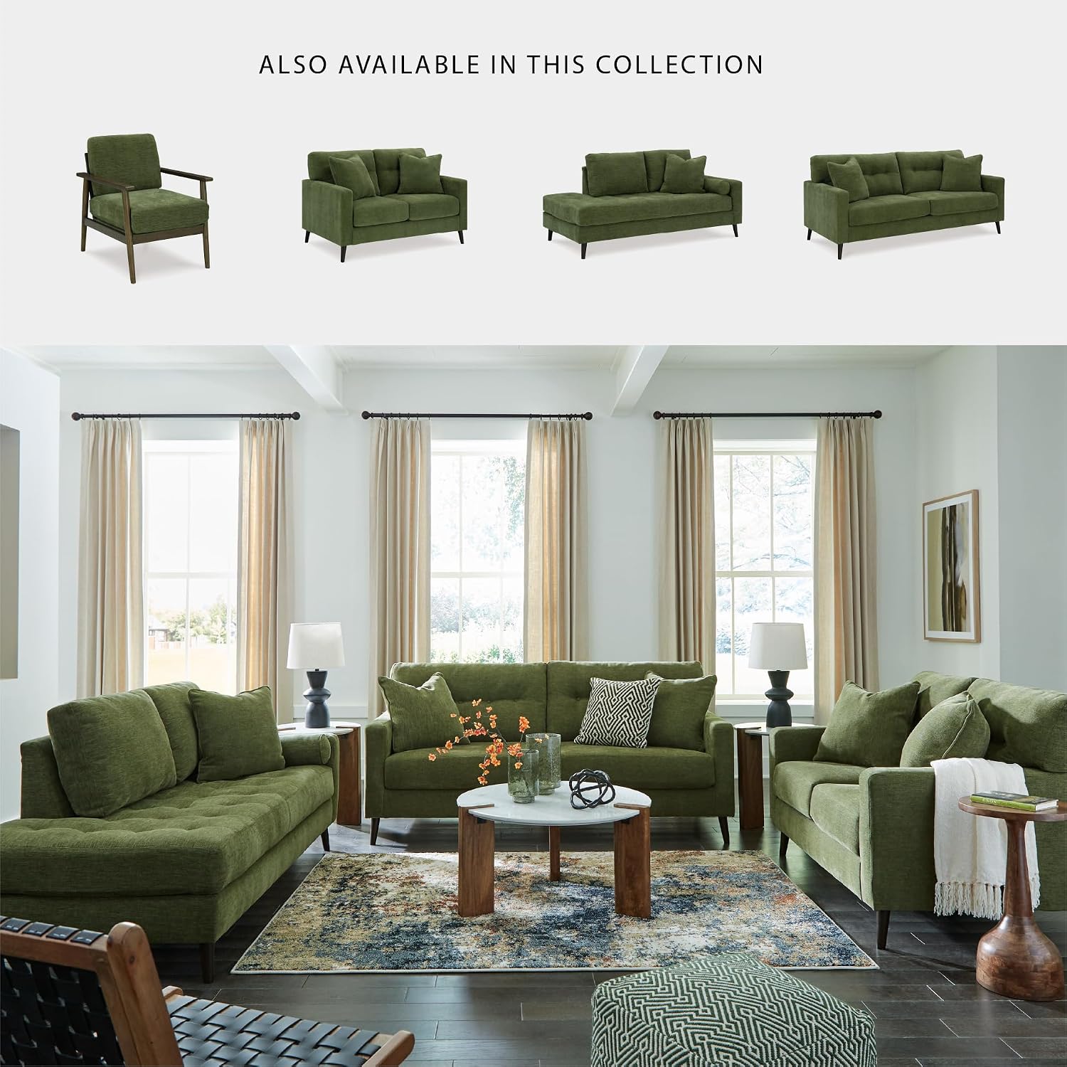 Signature Design by Ashley Bixler Sofa, Mid-Century Modern Sofa with Button-Tufted Back, Durable Foam Cushions, Platform Foundation Support, Polyester Blend Upholstery, Olive