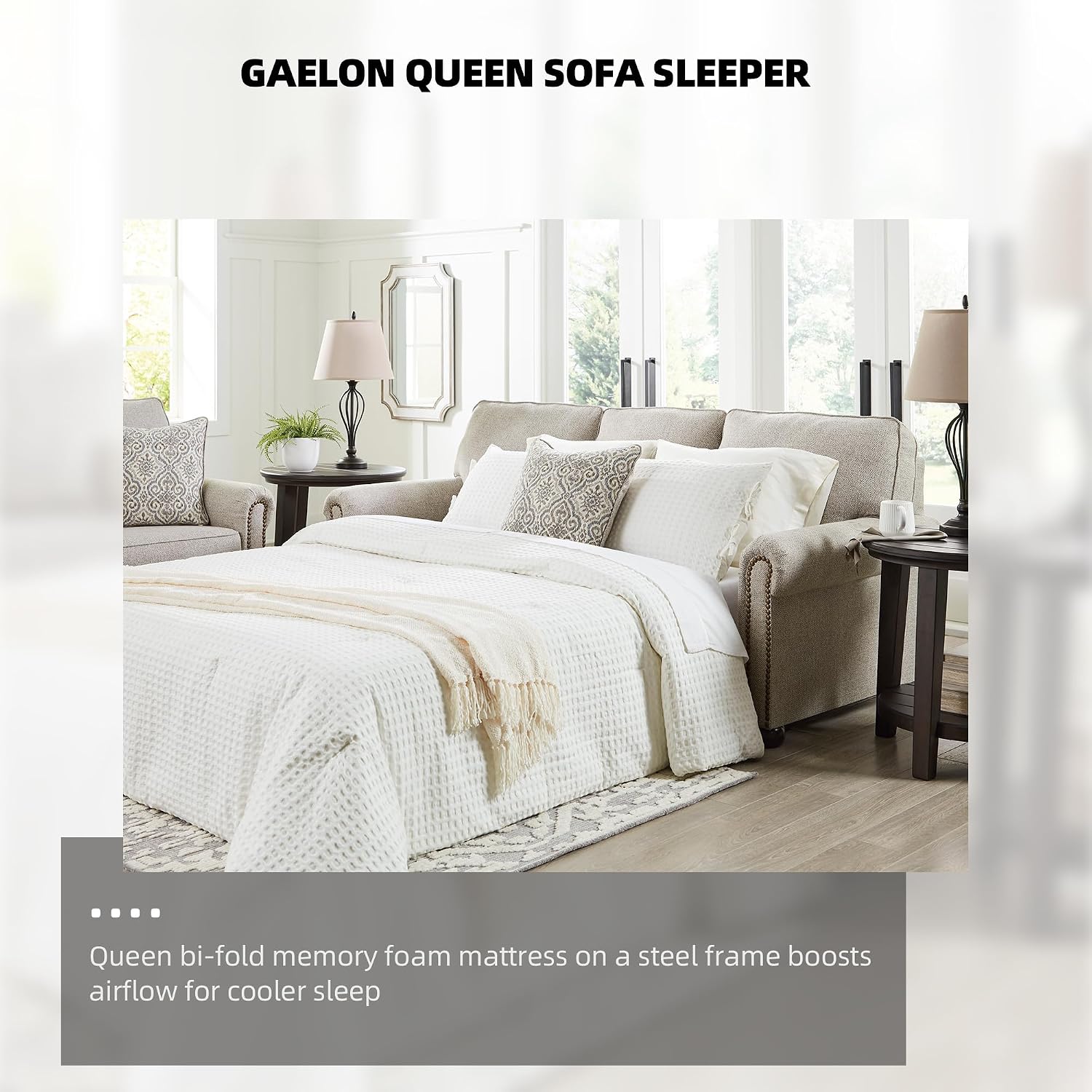 Signature Design by Ashley Gaelon Transitional 2-in-1 Sofa Sleeper with Folding Gel Memory Foam Mattress, Nailheads and 2 Accent Pillows, Queen, Beige