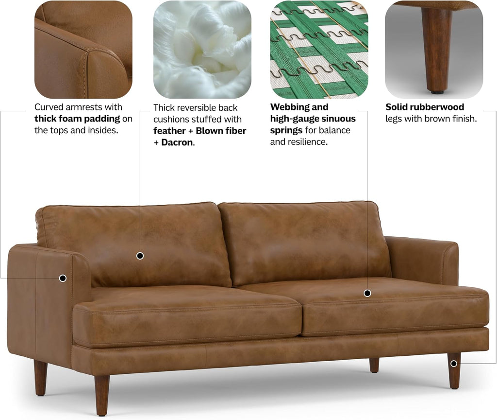 SIMPLIHOME Livingston Sofa - 76' Wide x 33' High Top Grain Genuine Leather Sofa in Caramel Brown, Mid-Century Modern Loveseat with Removable Feather-Wrapped Cushions and Solid Wood Frame