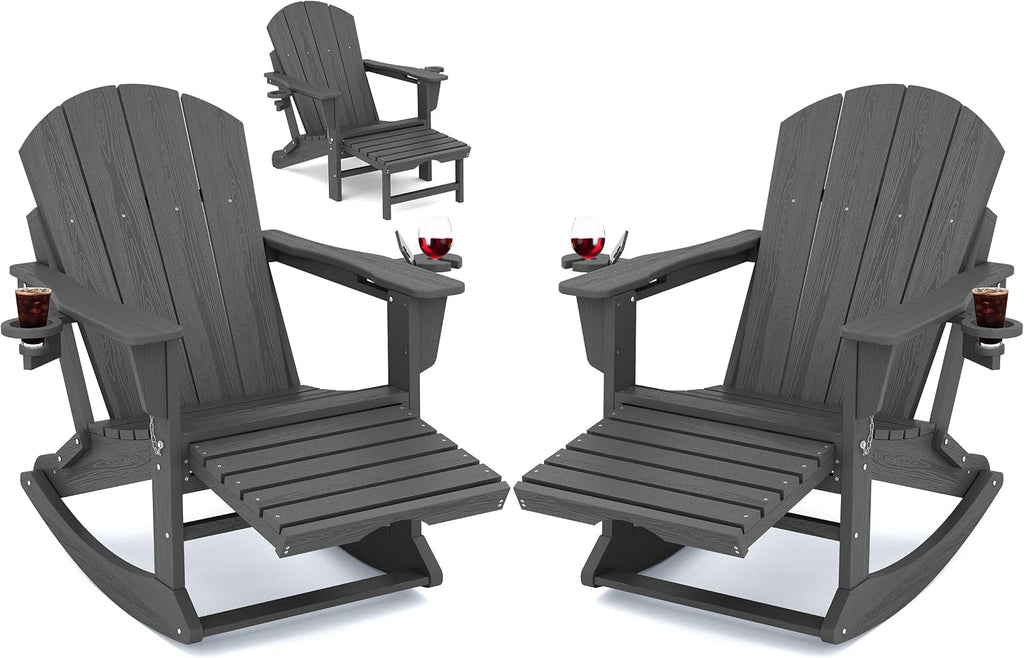 KINGYES Adirondack Rocking Chair Set of 2 with Retractable Ottoman and Cup Holders, HDPE Adirondack Rocker Patio Rocking Chair for Porch, Patio, Balcony, Leaden Grey