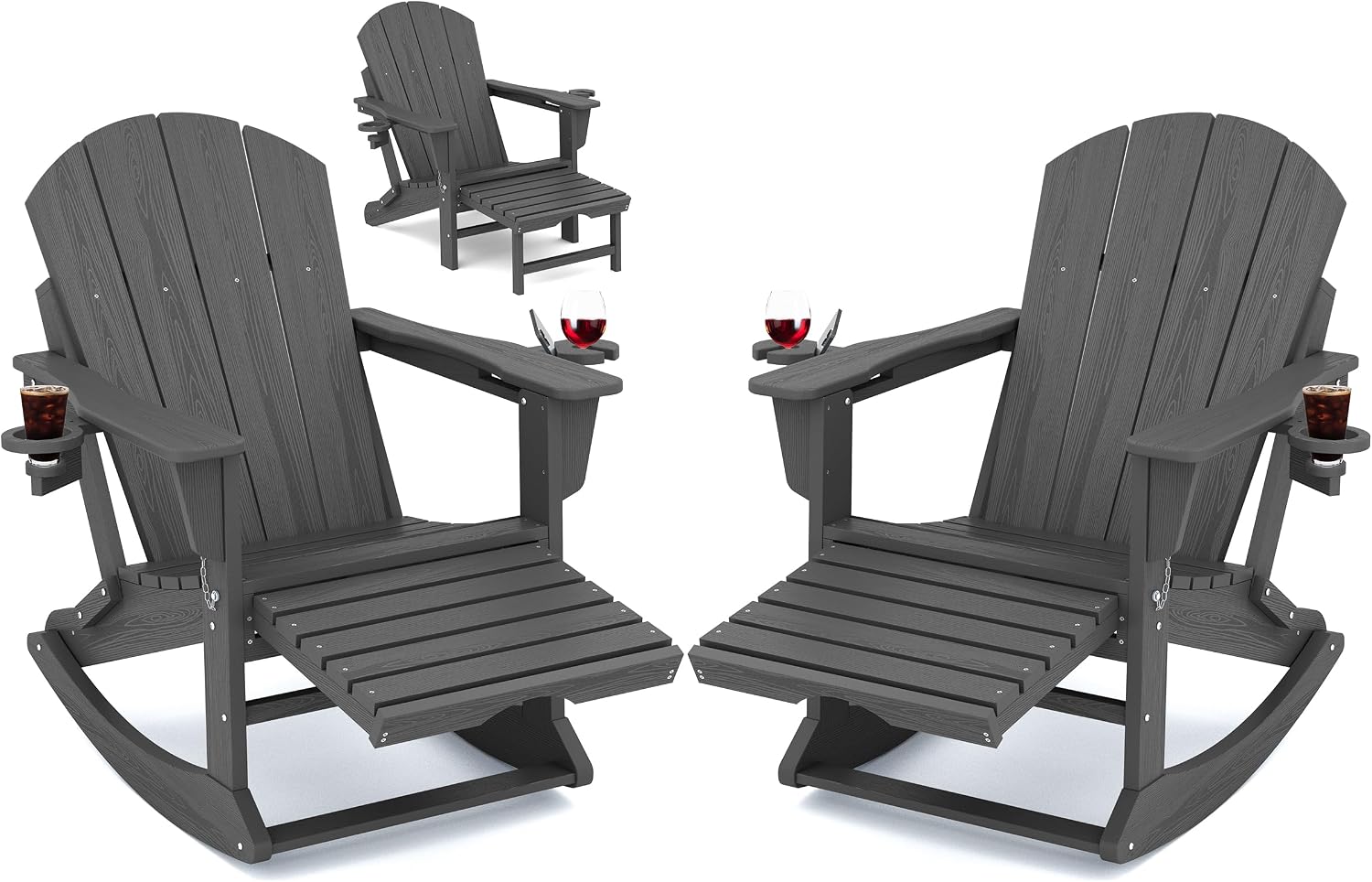 KINGYES Adirondack Rocking Chair Set of 2 with Retractable Ottoman and Cup Holders, HDPE Adirondack Rocker Patio Rocking Chair for Porch, Patio, Balcony, Leaden Grey