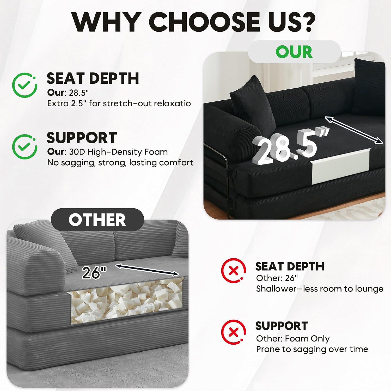 ZEIINPA Convertible Sleeper Sofa Bed with Cylindrical Pillow, Corduroy Folding Mattress Couch with Fixed-Shape Frame, Floor Sofa Lounge Couch for Living Room Bedroom Lounge Studio-Black