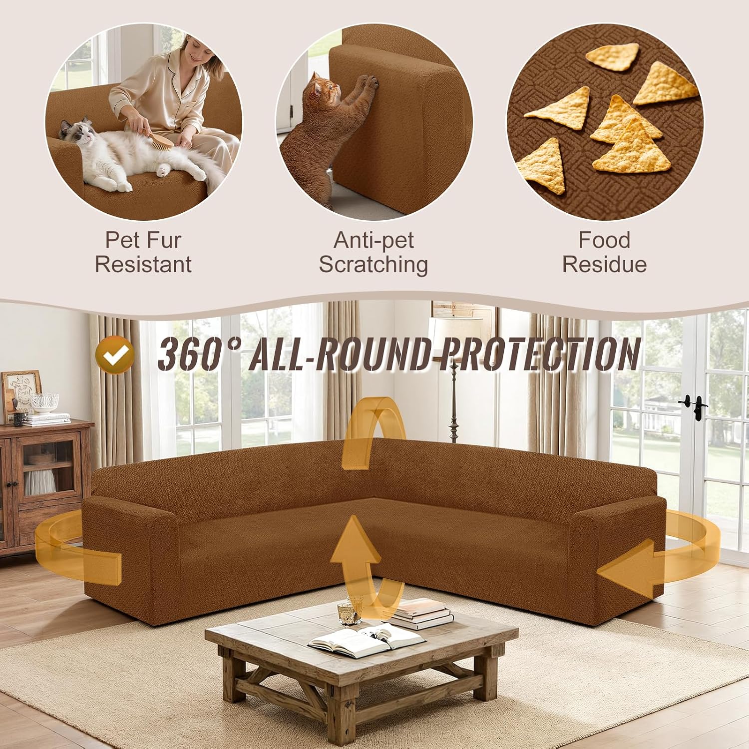 HDCAXKJ Sectional Couch Cover L Shape Stretch Sofa Covers Washable Jacquard Corner Couch Slipcover Non Slip Sectional Slip Cover U Shaped Furniture Protector for Pets Dogs (Caramel, Medium)